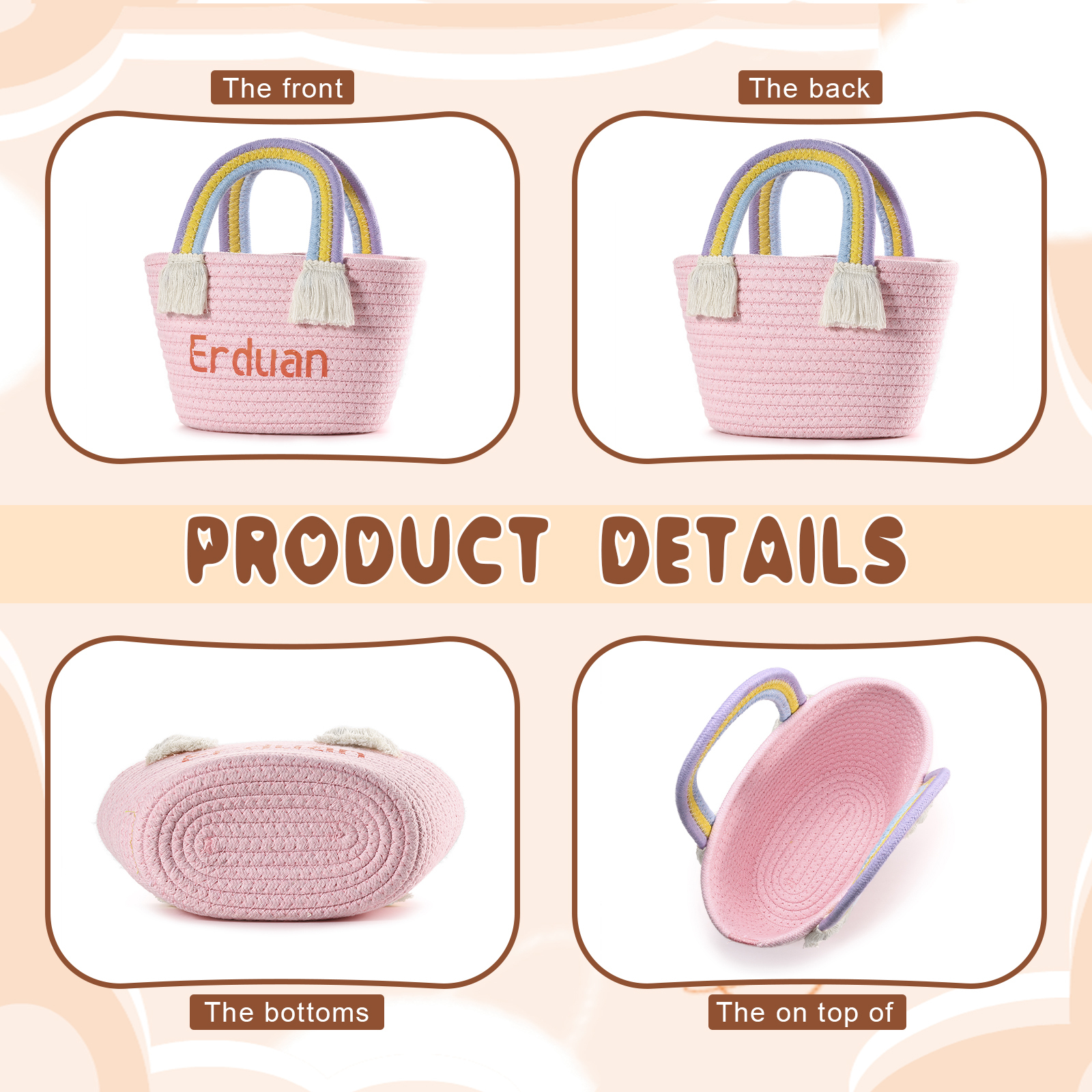 Personalised Name Handbag Cute Pink Pastel Rainbow Basket Rope Bag Kids Rainbow Purses Gift for Kids
