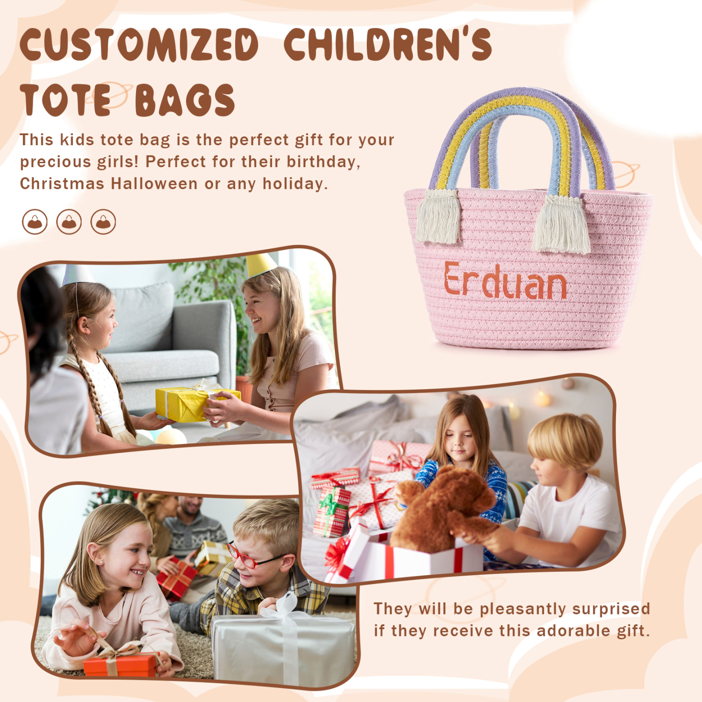Personalised Name Handbag Cute Pink Pastel Rainbow Basket Rope Bag Kids Rainbow Purses Gift for Kids
