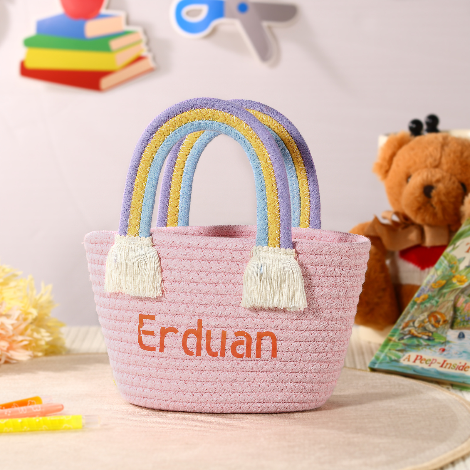Personalised Name Handbag Cute Pink Pastel Rainbow Basket Rope Bag Kids Rainbow Purses Gift for Kids