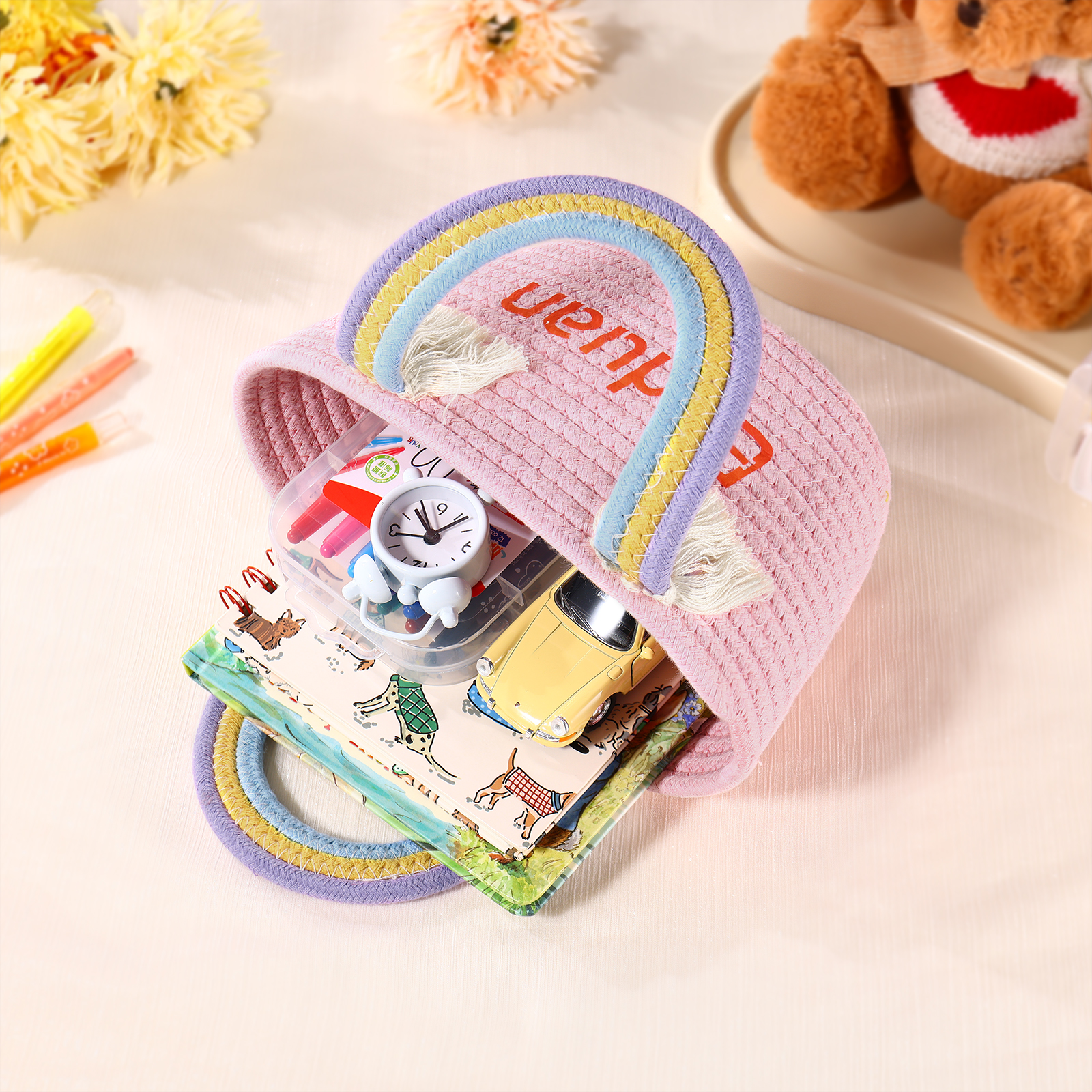 Personalised Name Handbag Cute Pink Pastel Rainbow Basket Rope Bag Kids Rainbow Purses Gift for Kids