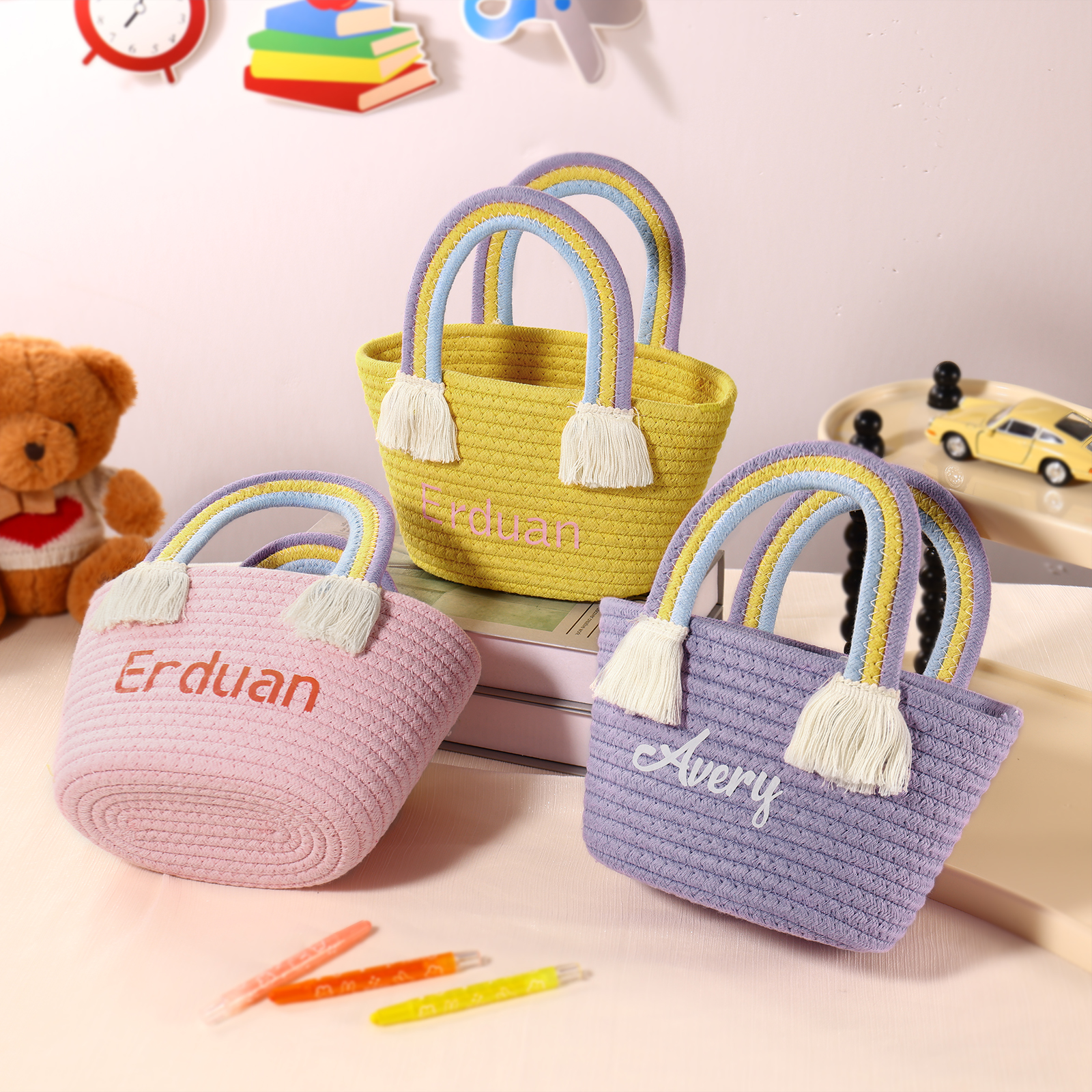 Personalised Name Handbag Cute Pink Pastel Rainbow Basket Rope Bag Kids Rainbow Purses Gift for Kids