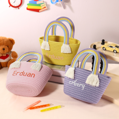 Personalised Name Handbag Cute Pink Pastel Rainbow Basket Rope Bag Kids Rainbow Purses Gift for Kids