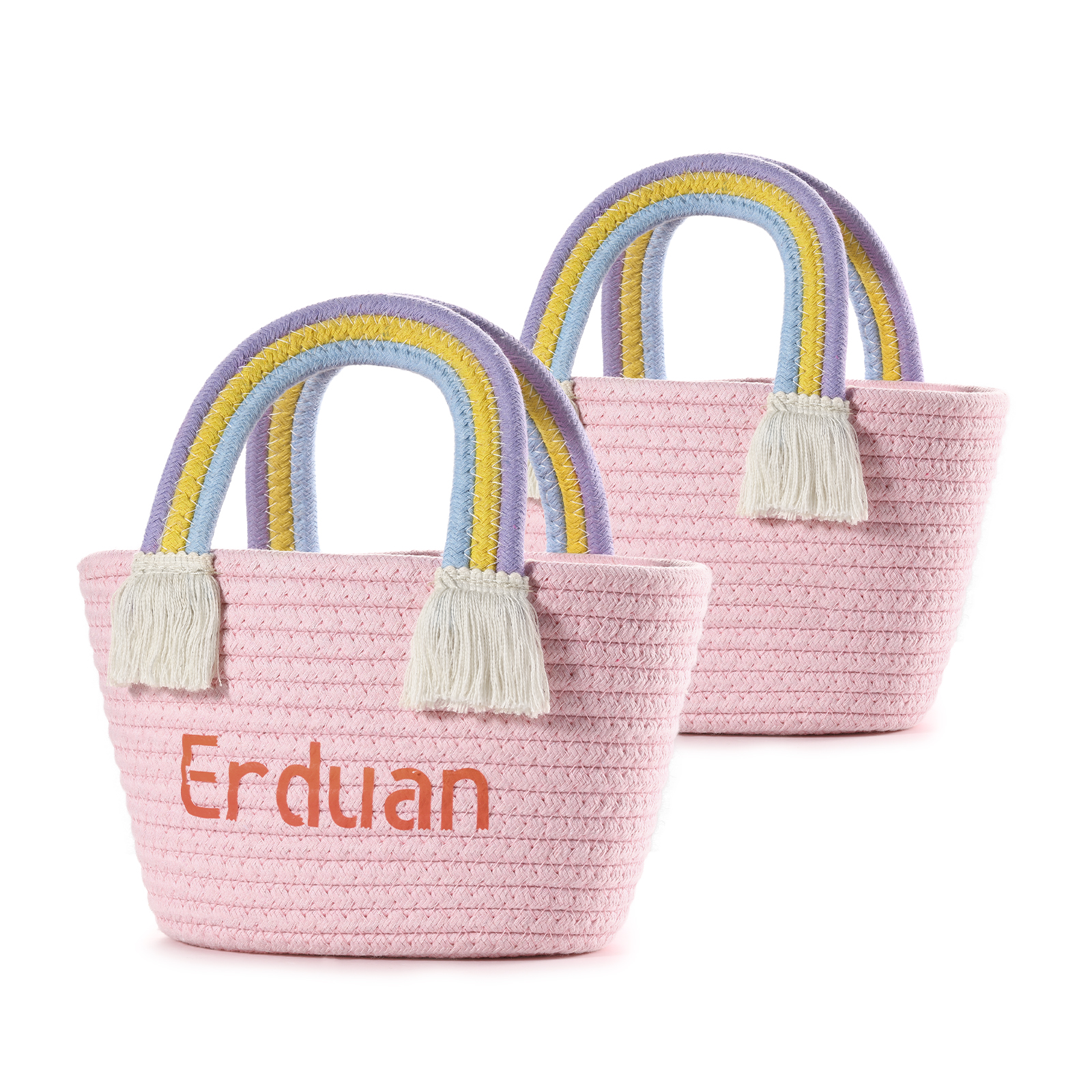 Personalised Name Handbag Cute Pink Pastel Rainbow Basket Rope Bag Kids Rainbow Purses Gift for Kids