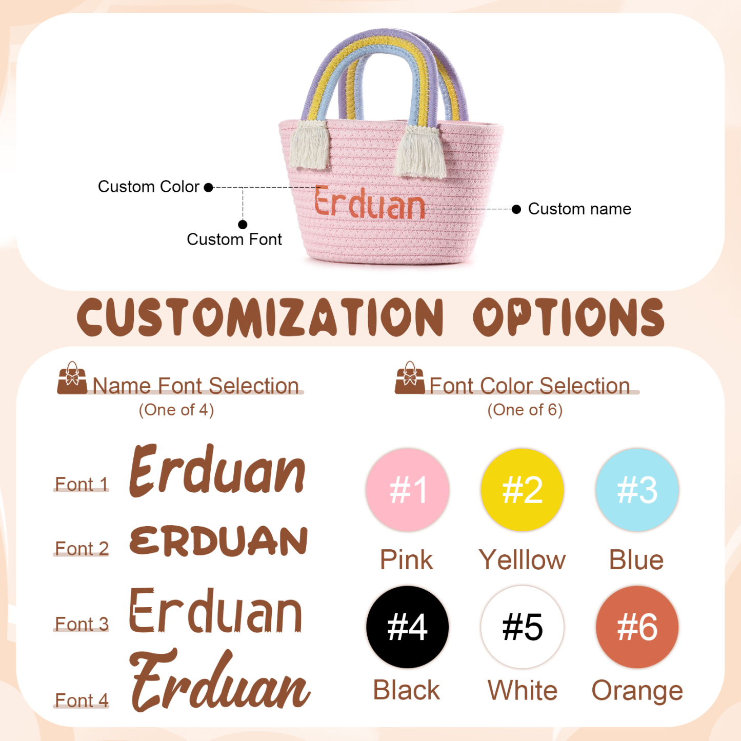 Personalised Name Handbag Cute Pink Pastel Rainbow Basket Rope Bag Kids Rainbow Purses Gift for Kids
