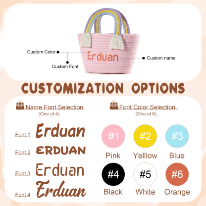 Personalised Name Handbag Cute Pink Pastel Rainbow Basket Rope Bag Kids Rainbow Purses Gift for Kids