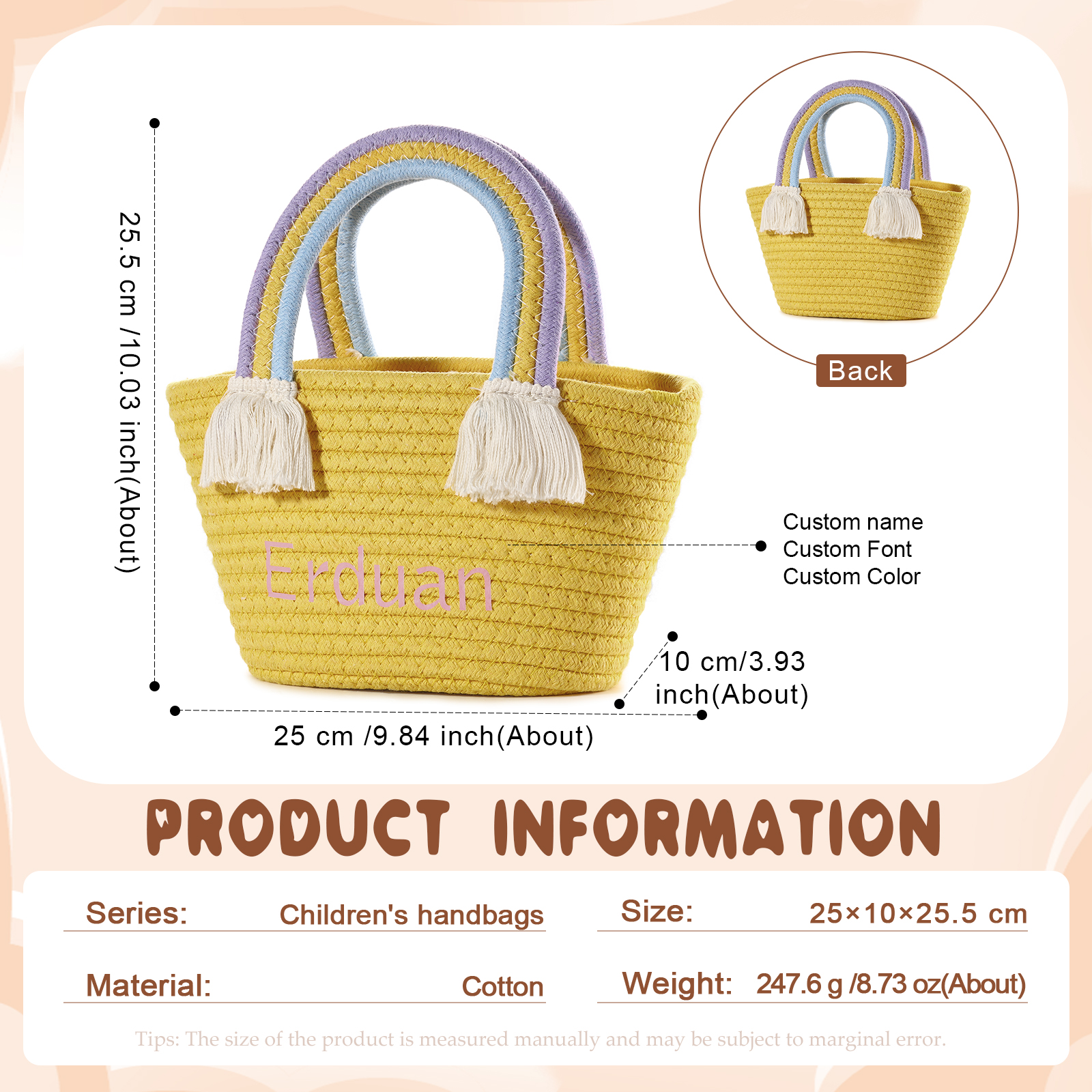 Personalised Name Handbag Cute Pink Pastel Rainbow Basket Rope Bag Kids Rainbow Purses Gift for Kids