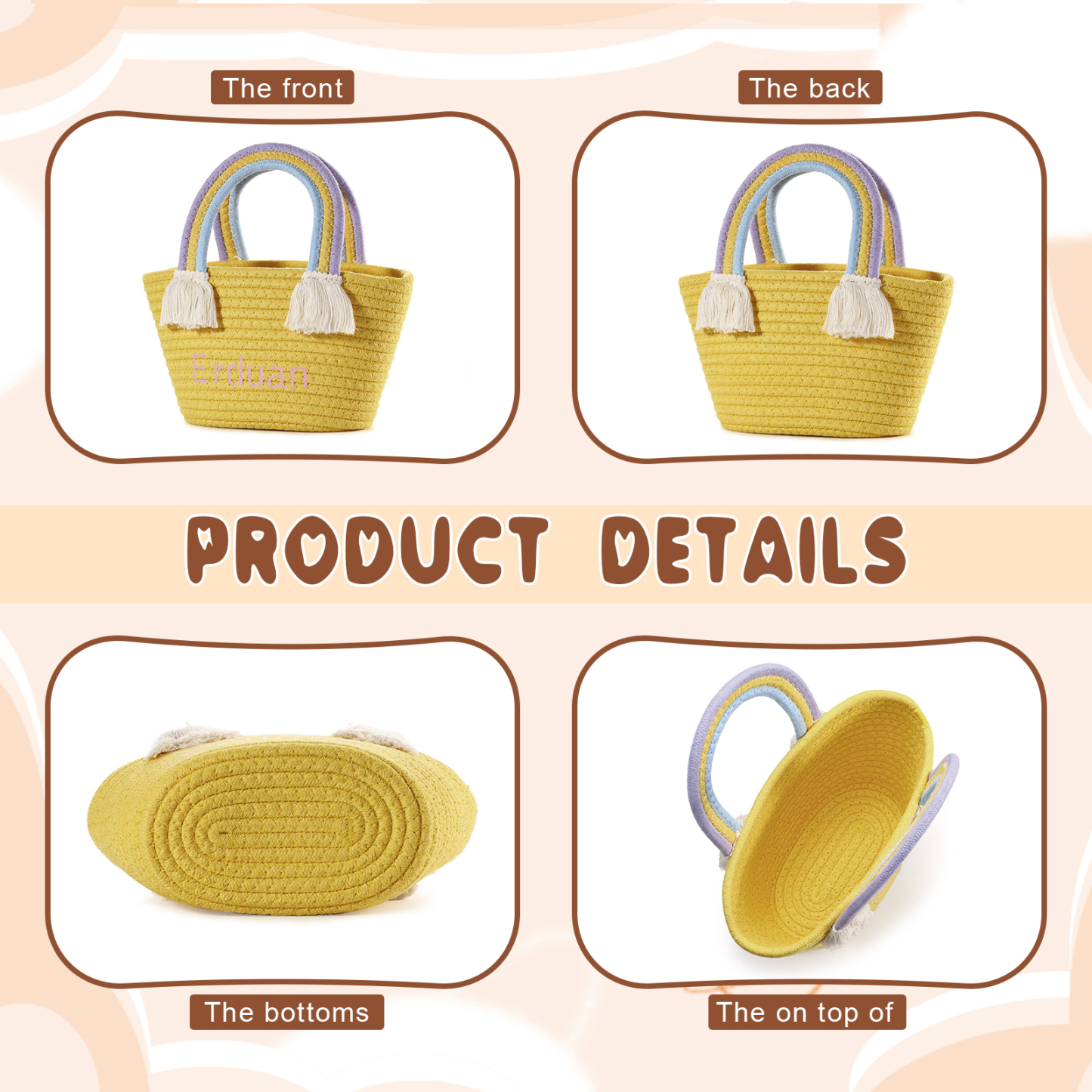 Personalised Name Handbag Cute Pink Pastel Rainbow Basket Rope Bag Kids Rainbow Purses Gift for Kids