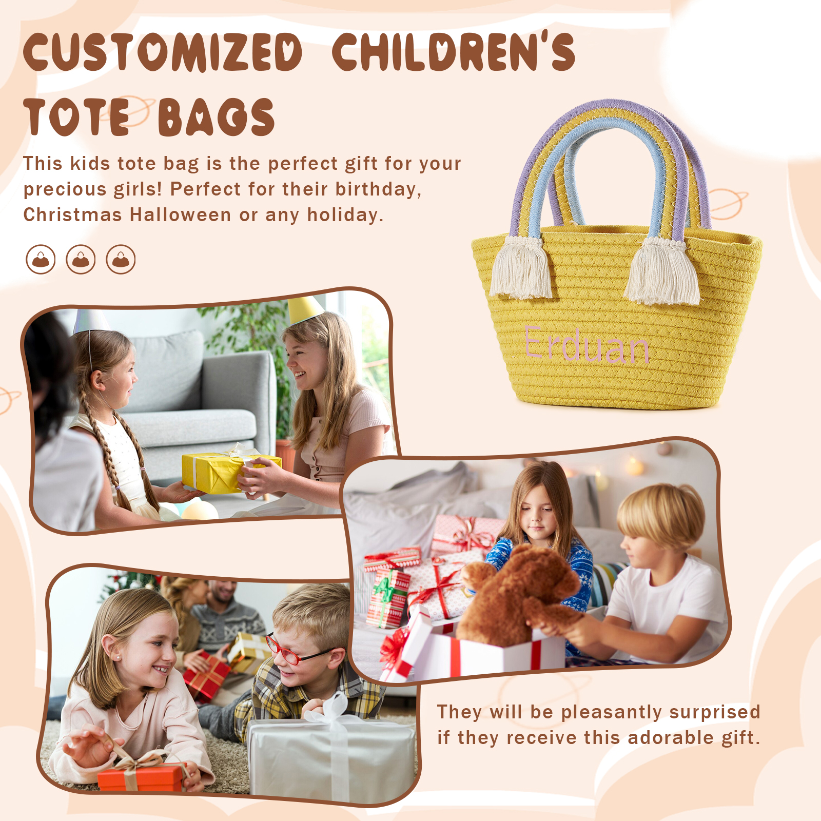 Personalised Name Handbag Cute Pink Pastel Rainbow Basket Rope Bag Kids Rainbow Purses Gift for Kids