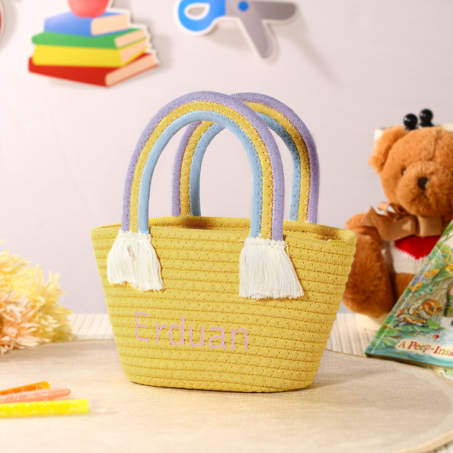 Personalised Name Handbag Cute Pink Pastel Rainbow Basket Rope Bag Kids Rainbow Purses Gift for Kids