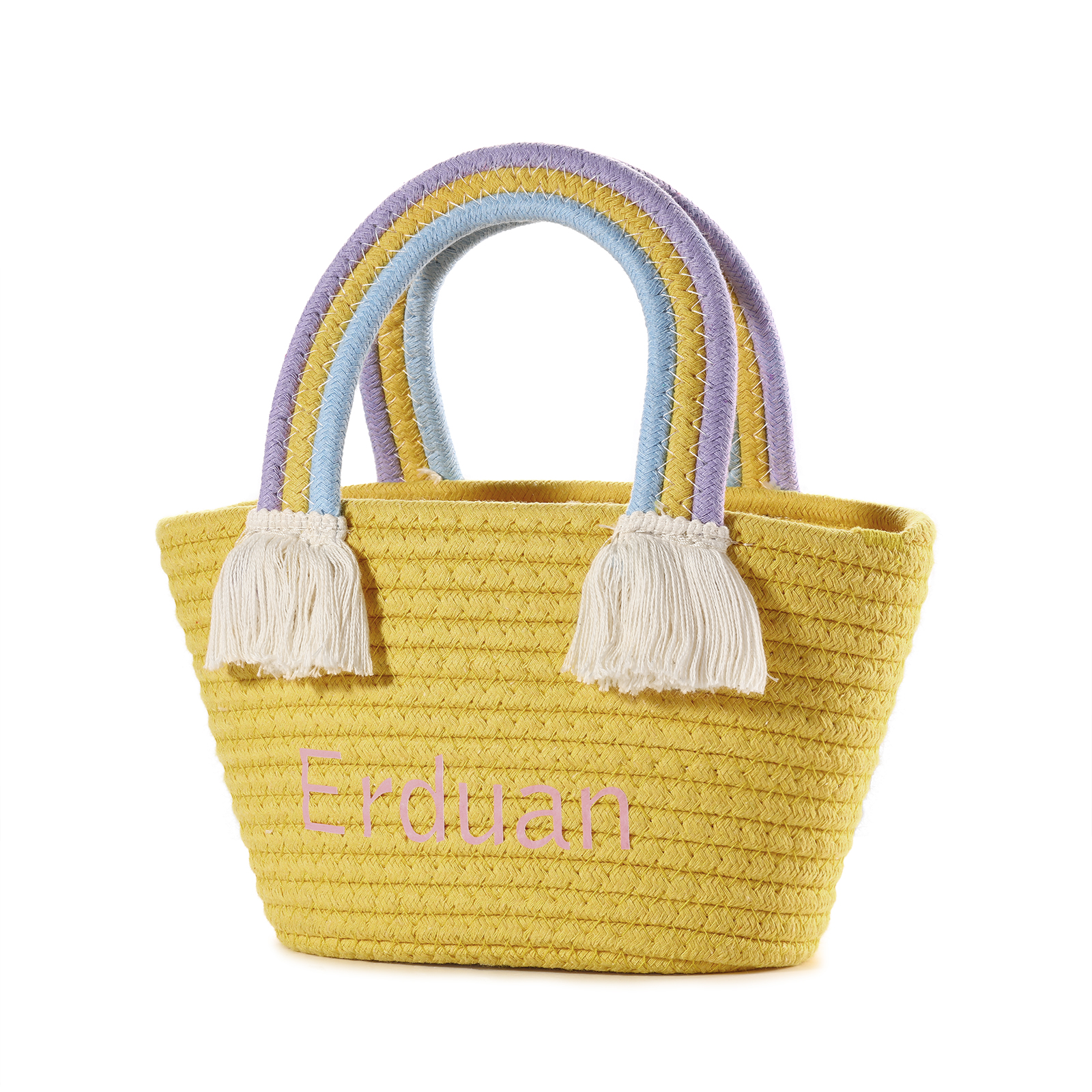 Personalised Name Handbag Cute Pink Pastel Rainbow Basket Rope Bag Kids Rainbow Purses Gift for Kids