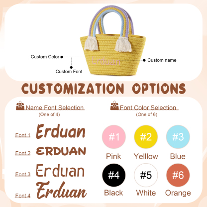 Personalised Name Handbag Cute Pink Pastel Rainbow Basket Rope Bag Kids Rainbow Purses Gift for Kids