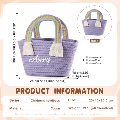 Personalised Name Handbag Cute Pink Pastel Rainbow Basket Rope Bag Kids Rainbow Purses Gift for Kids