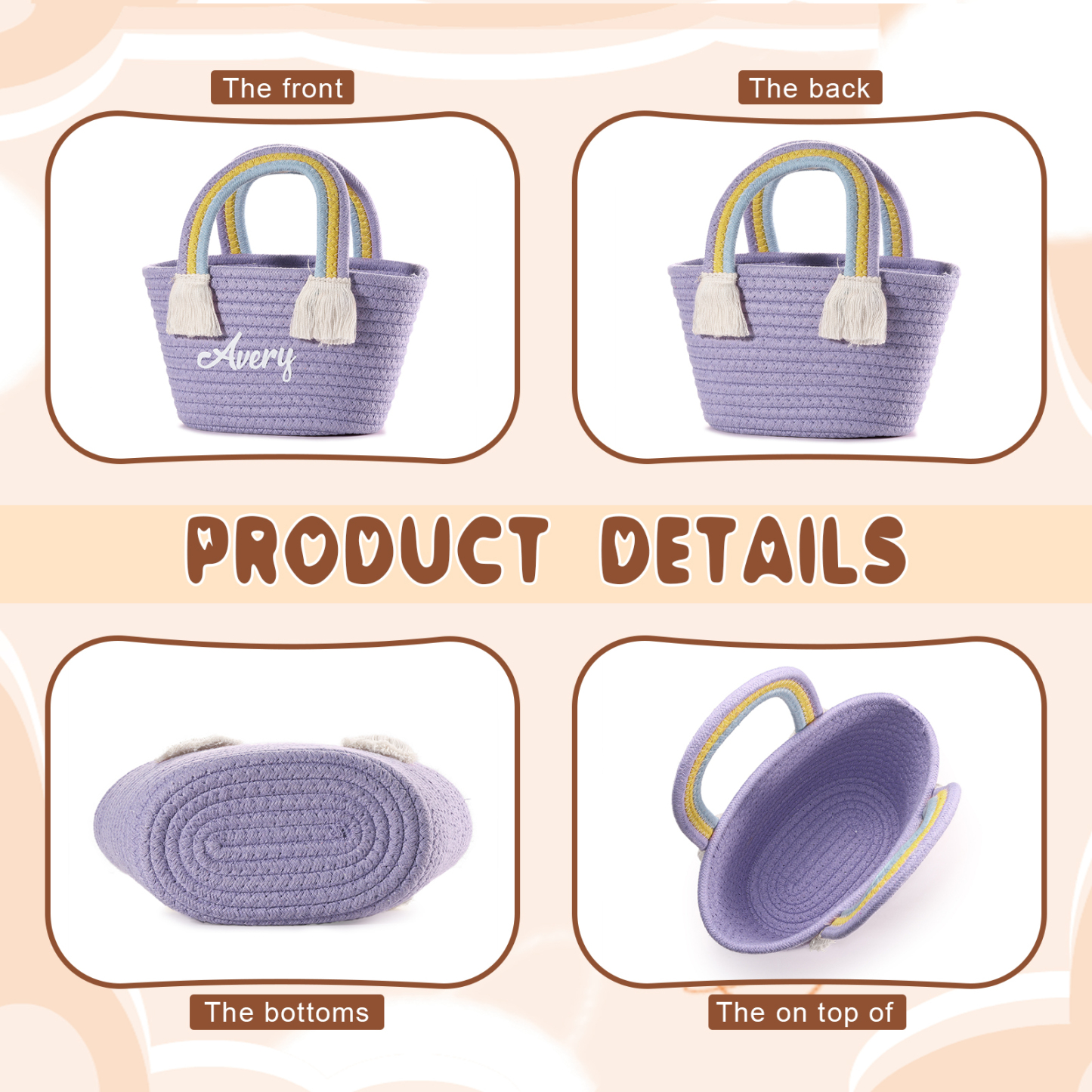 Personalised Name Handbag Cute Pink Pastel Rainbow Basket Rope Bag Kids Rainbow Purses Gift for Kids