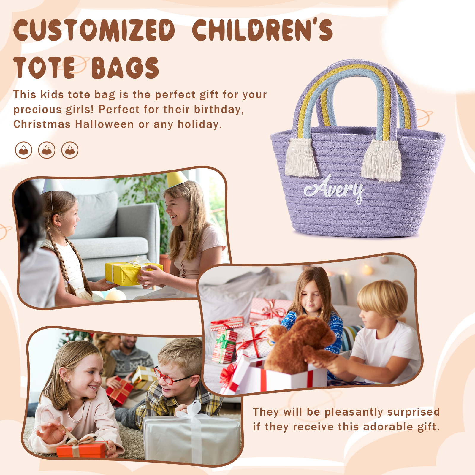 Personalised Name Handbag Cute Pink Pastel Rainbow Basket Rope Bag Kids Rainbow Purses Gift for Kids