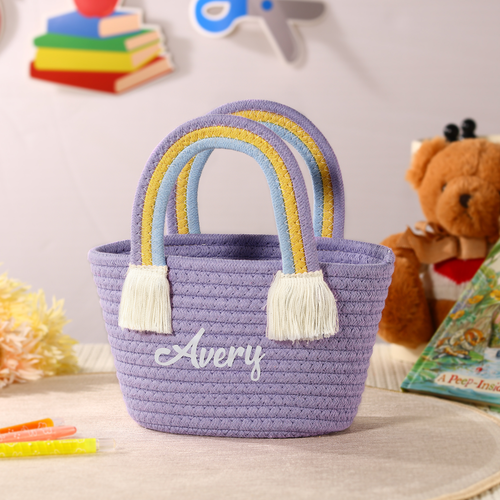 Personalised Name Handbag Cute Pink Pastel Rainbow Basket Rope Bag Kids Rainbow Purses Gift for Kids