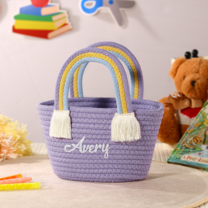 Personalised Name Handbag Cute Pink Pastel Rainbow Basket Rope Bag Kids Rainbow Purses Gift for Kids