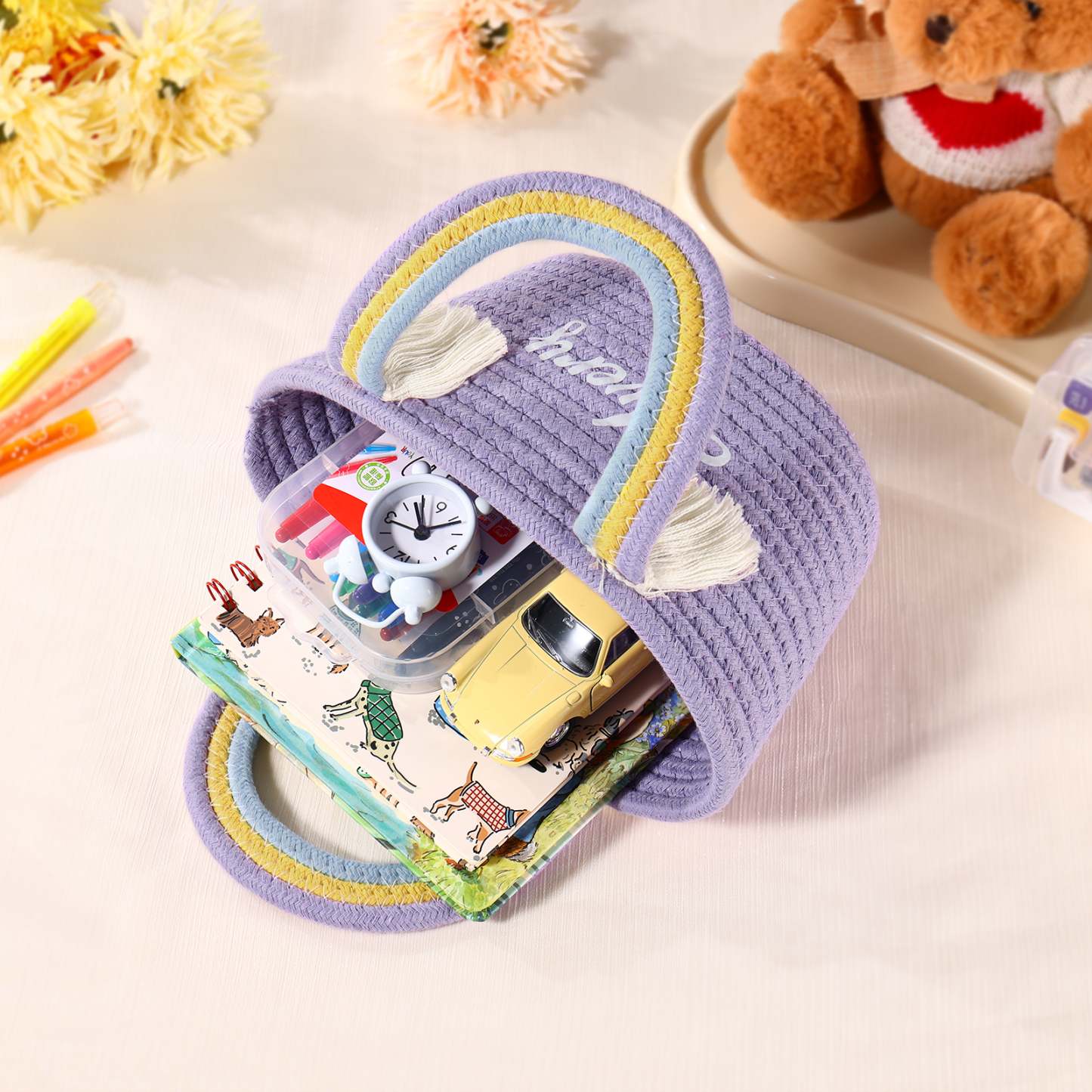 Personalised Name Handbag Cute Pink Pastel Rainbow Basket Rope Bag Kids Rainbow Purses Gift for Kids