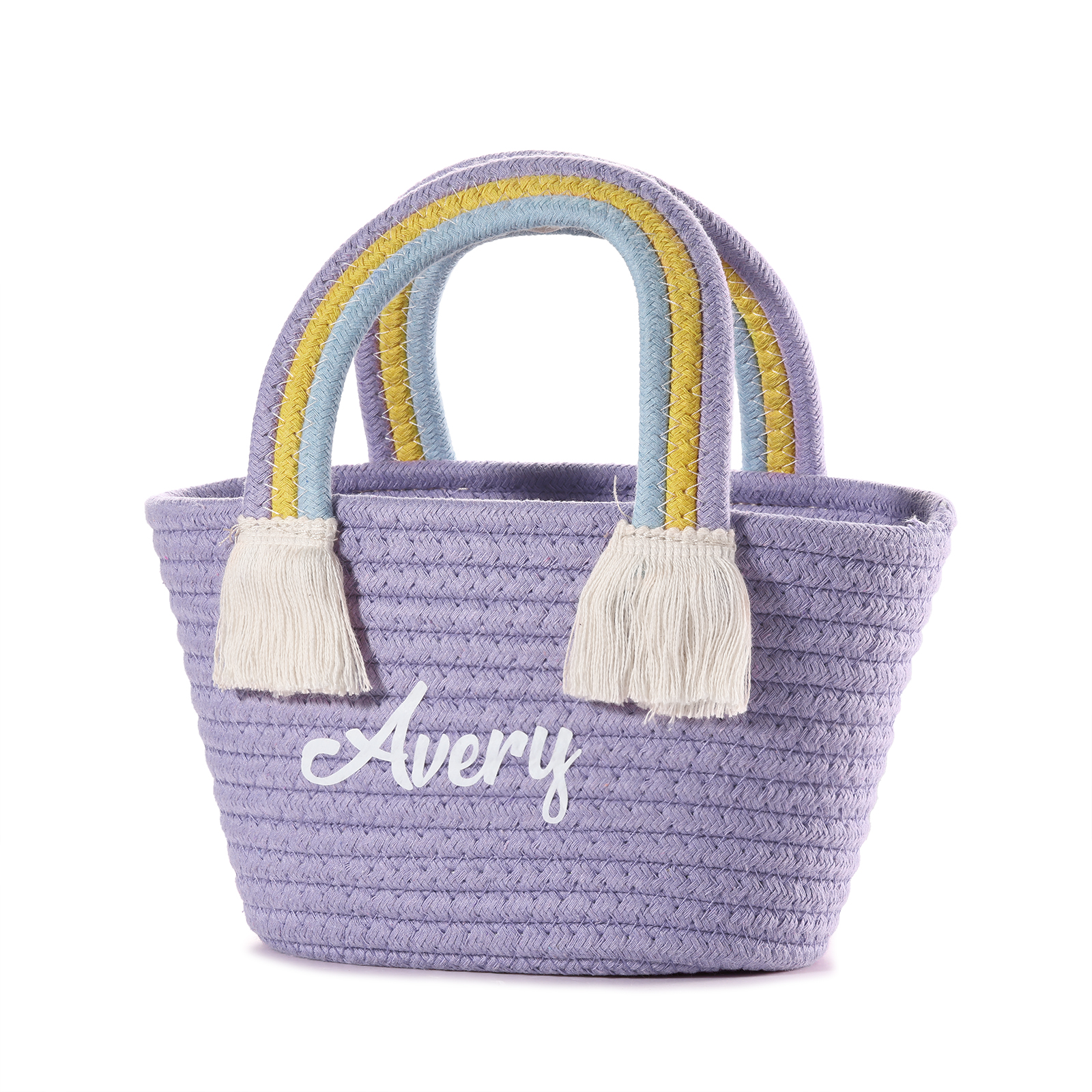 Personalised Name Handbag Cute Pink Pastel Rainbow Basket Rope Bag Kids Rainbow Purses Gift for Kids