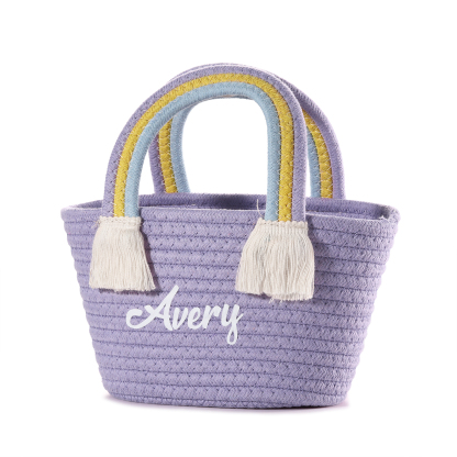 Personalised Name Handbag Cute Pink Pastel Rainbow Basket Rope Bag Kids Rainbow Purses Gift for Kids