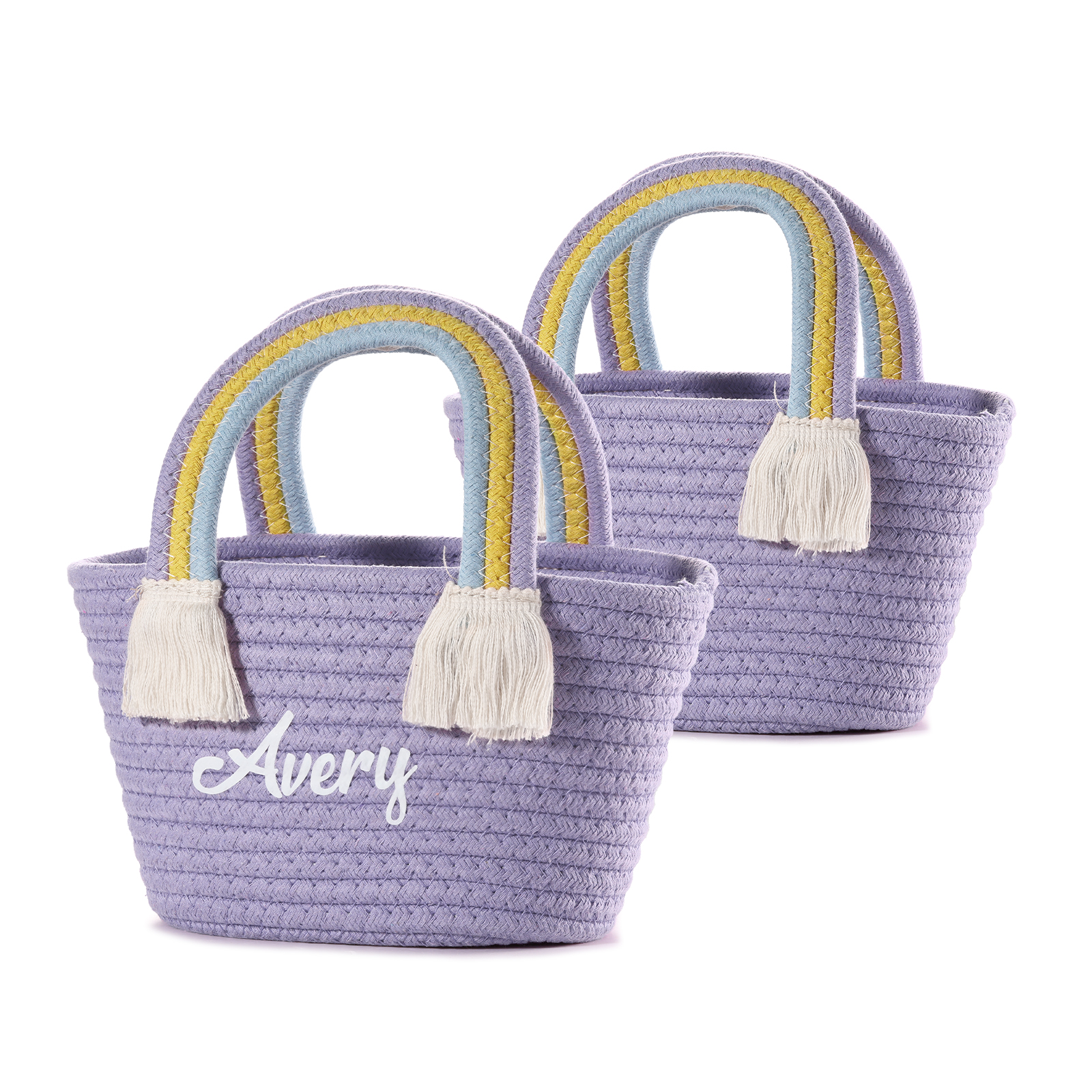 Personalised Name Handbag Cute Pink Pastel Rainbow Basket Rope Bag Kids Rainbow Purses Gift for Kids