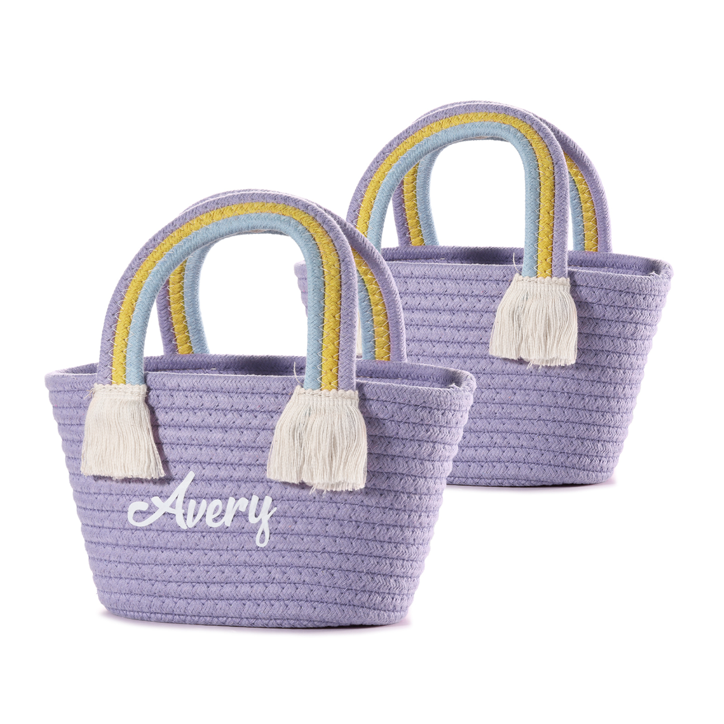 Personalised Name Handbag Cute Pink Pastel Rainbow Basket Rope Bag Kids Rainbow Purses Gift for Kids