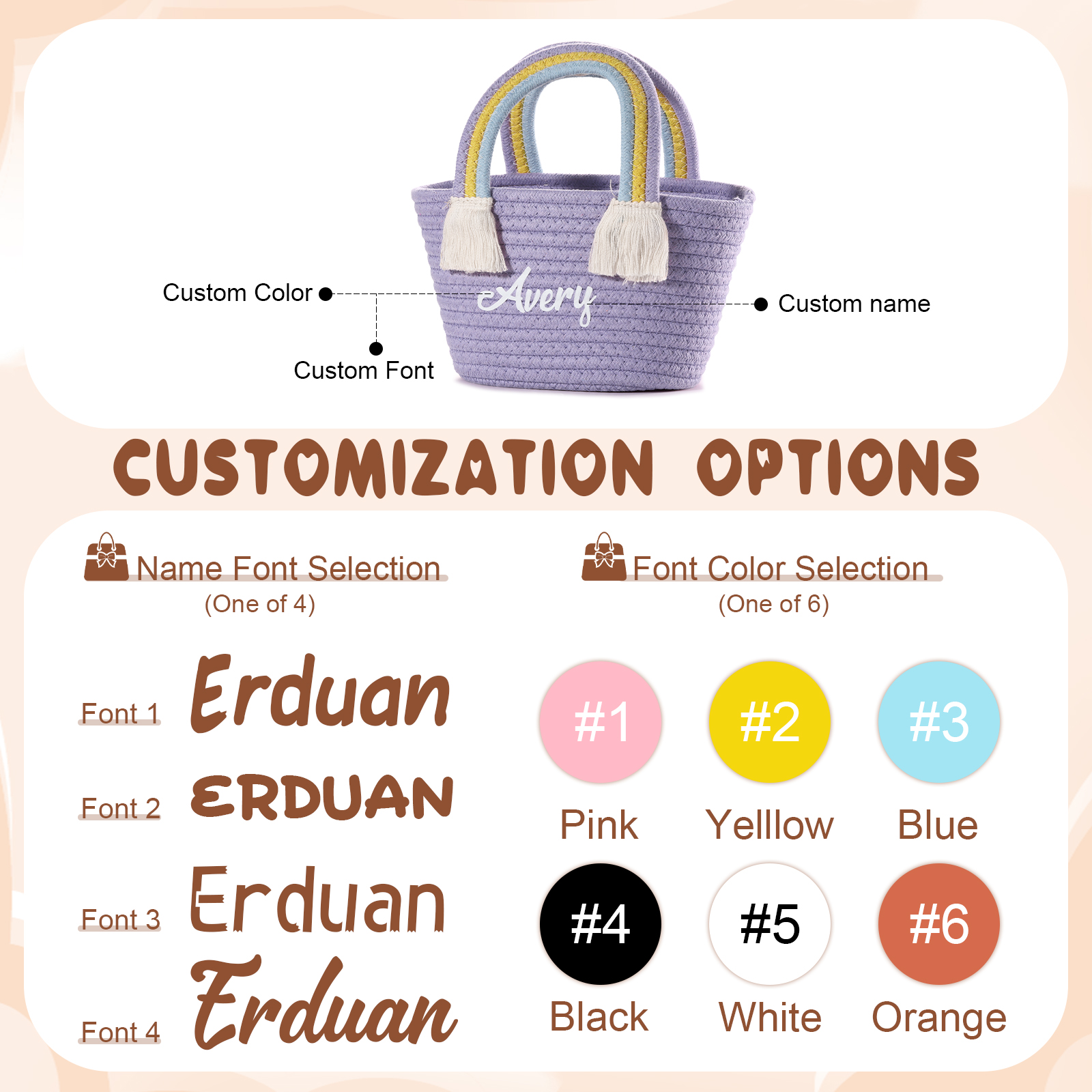 Personalised Name Handbag Cute Pink Pastel Rainbow Basket Rope Bag Kids Rainbow Purses Gift for Kids