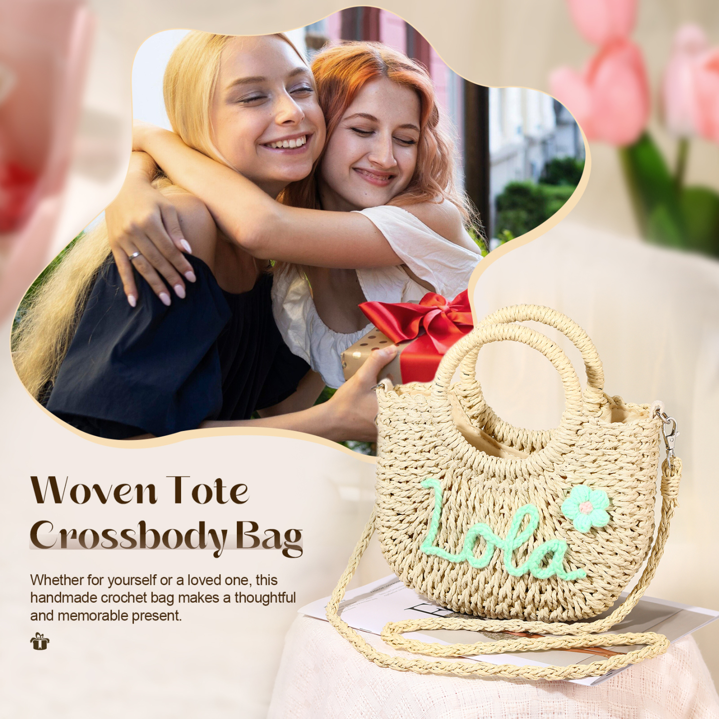 Personalised Name Straw Bags Custom Womens Straw Crossbody Bag Beach Handbag Gift for Her