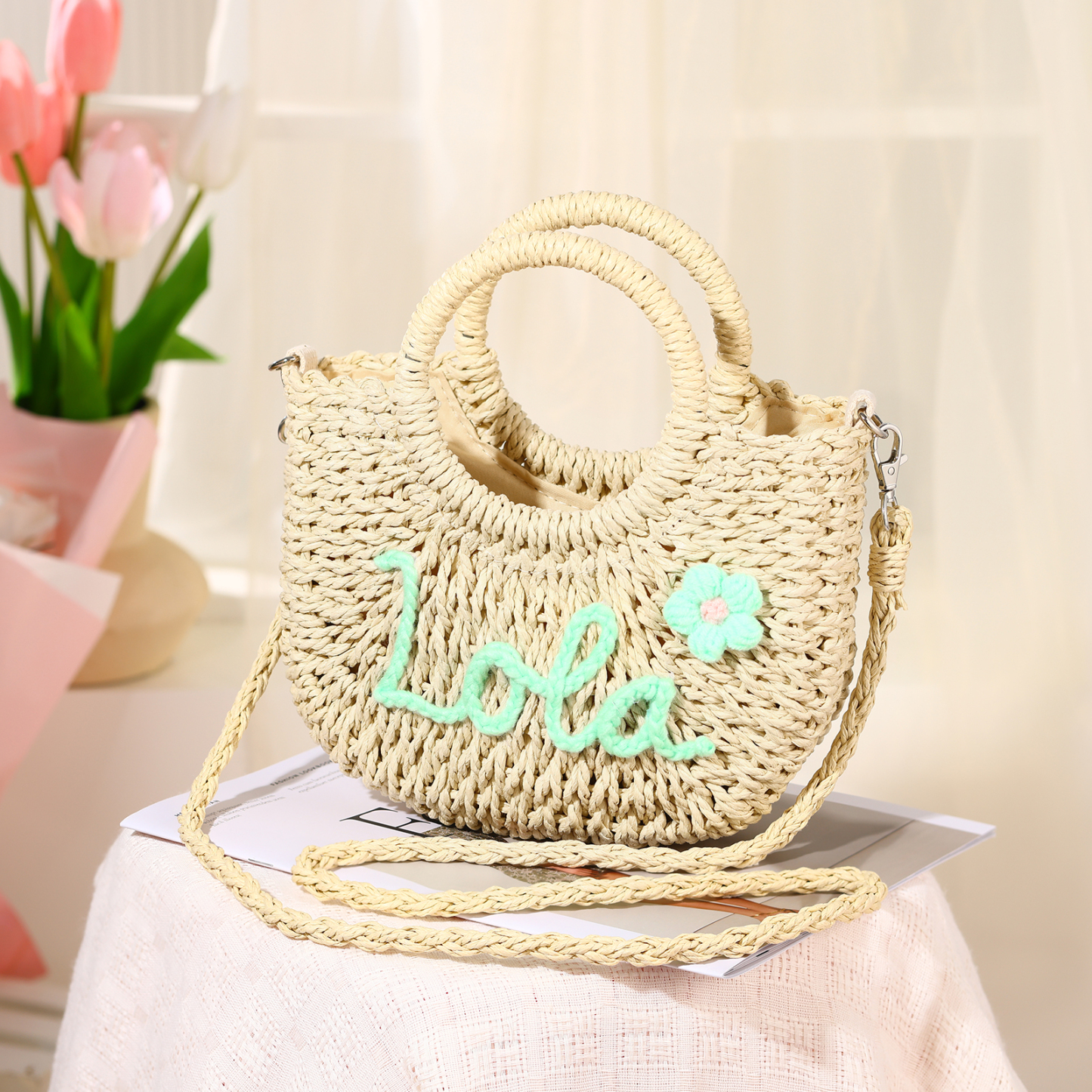 Personalised Name Straw Bags Custom Womens Straw Crossbody Bag Beach Handbag Gift for Her
