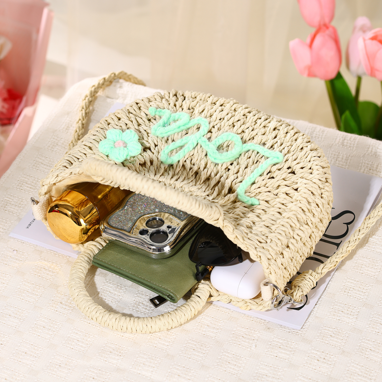 Personalised Name Straw Bags Custom Womens Straw Crossbody Bag Beach Handbag Gift for Her