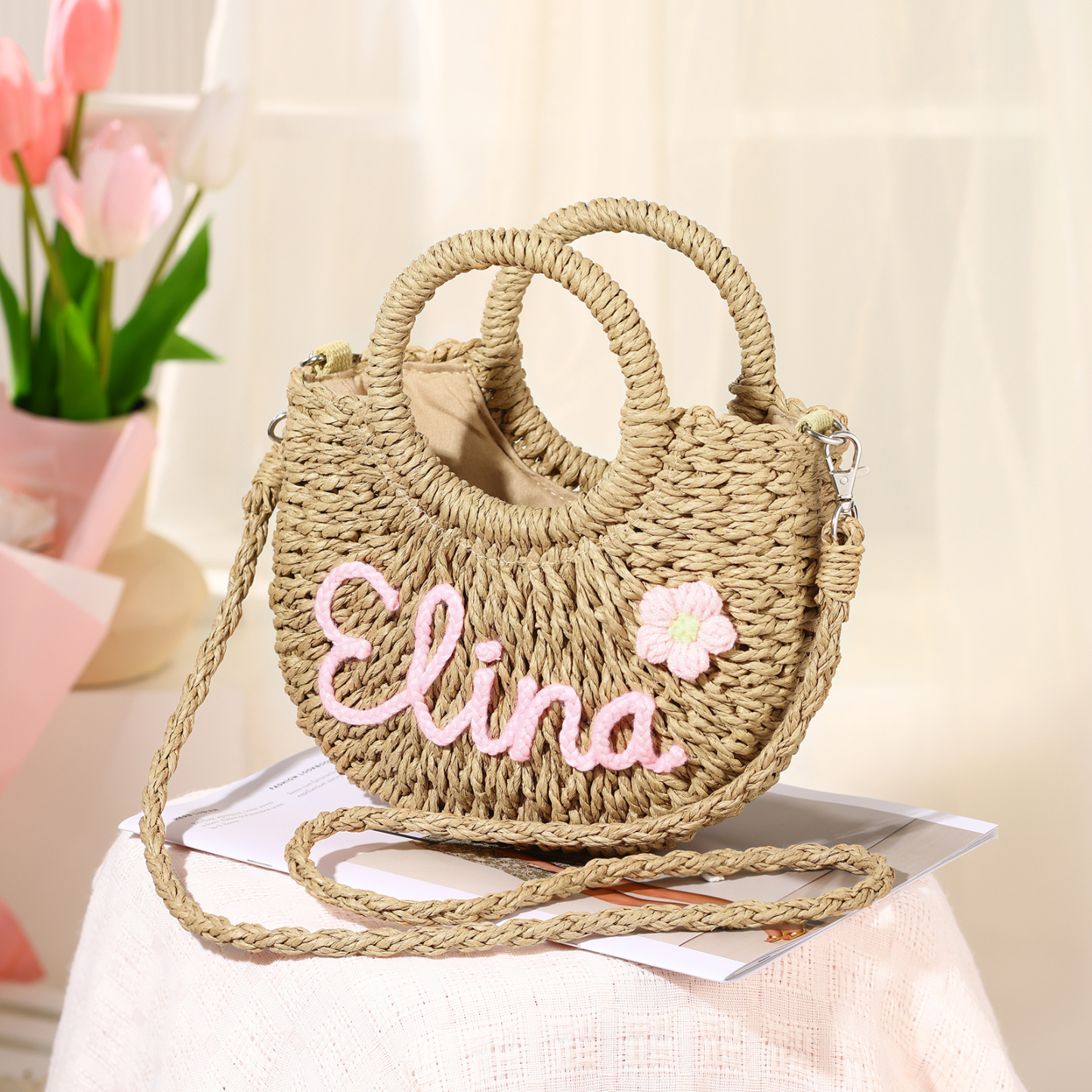 Personalised Name Straw Bags Custom Womens Straw Crossbody Bag Beach Handbag Gift for Her