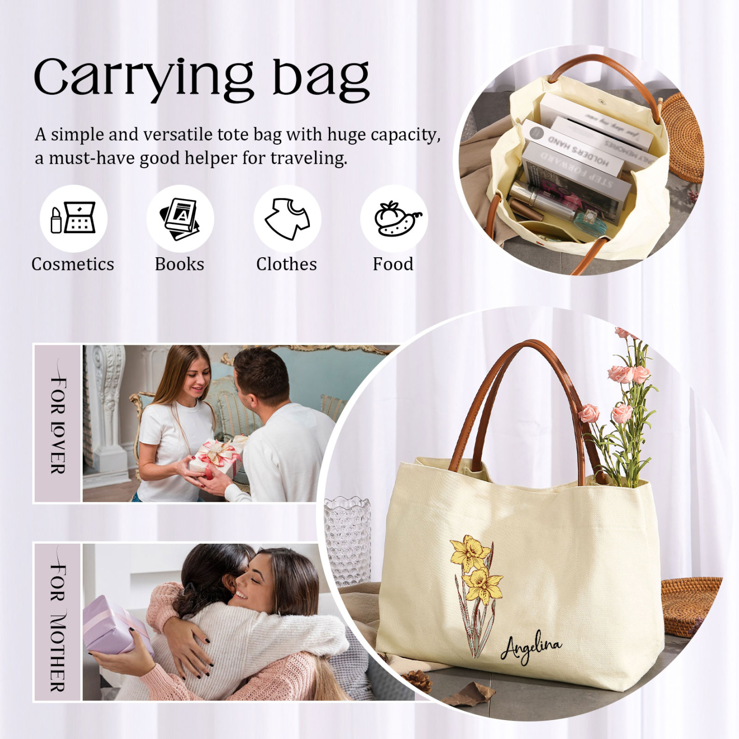 Personalised Tote Bag Custom Name & Birth Flower Stylish Gift for Her | Jessemade