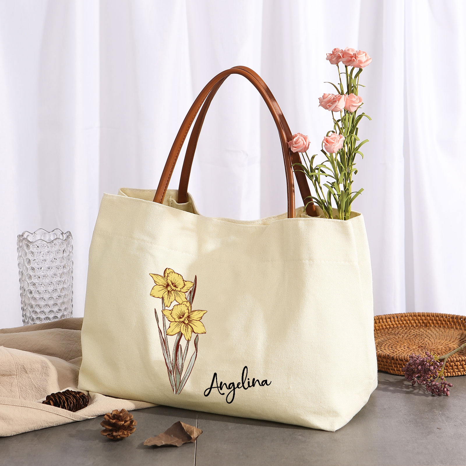 Personalised Tote Bag Custom Name & Birth Flower Stylish Gift for Her | Jessemade