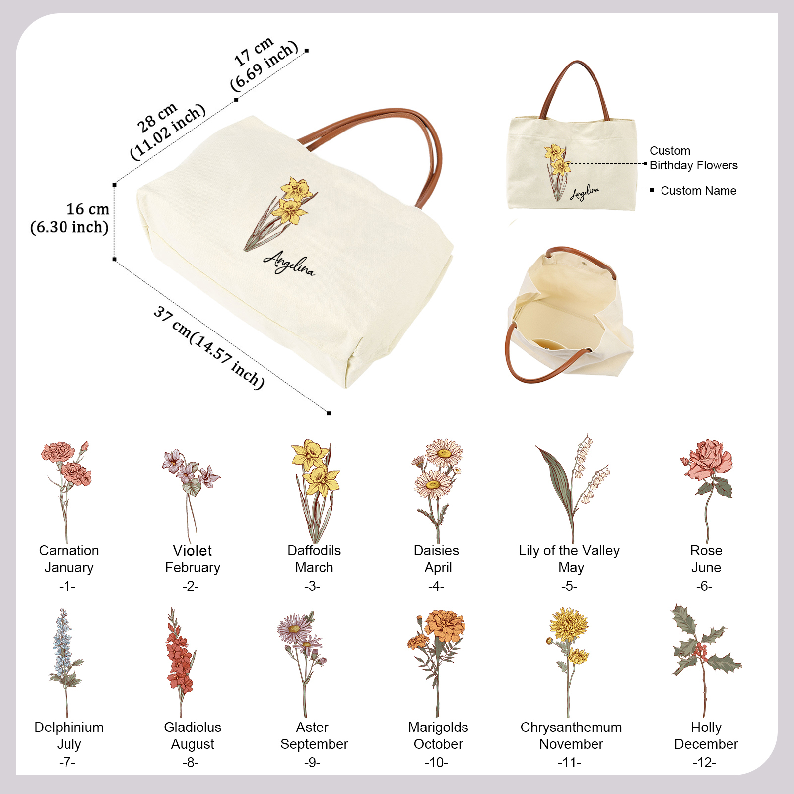 Personalised Tote Bag Custom Name & Birth Flower Stylish Gift for Her | Jessemade