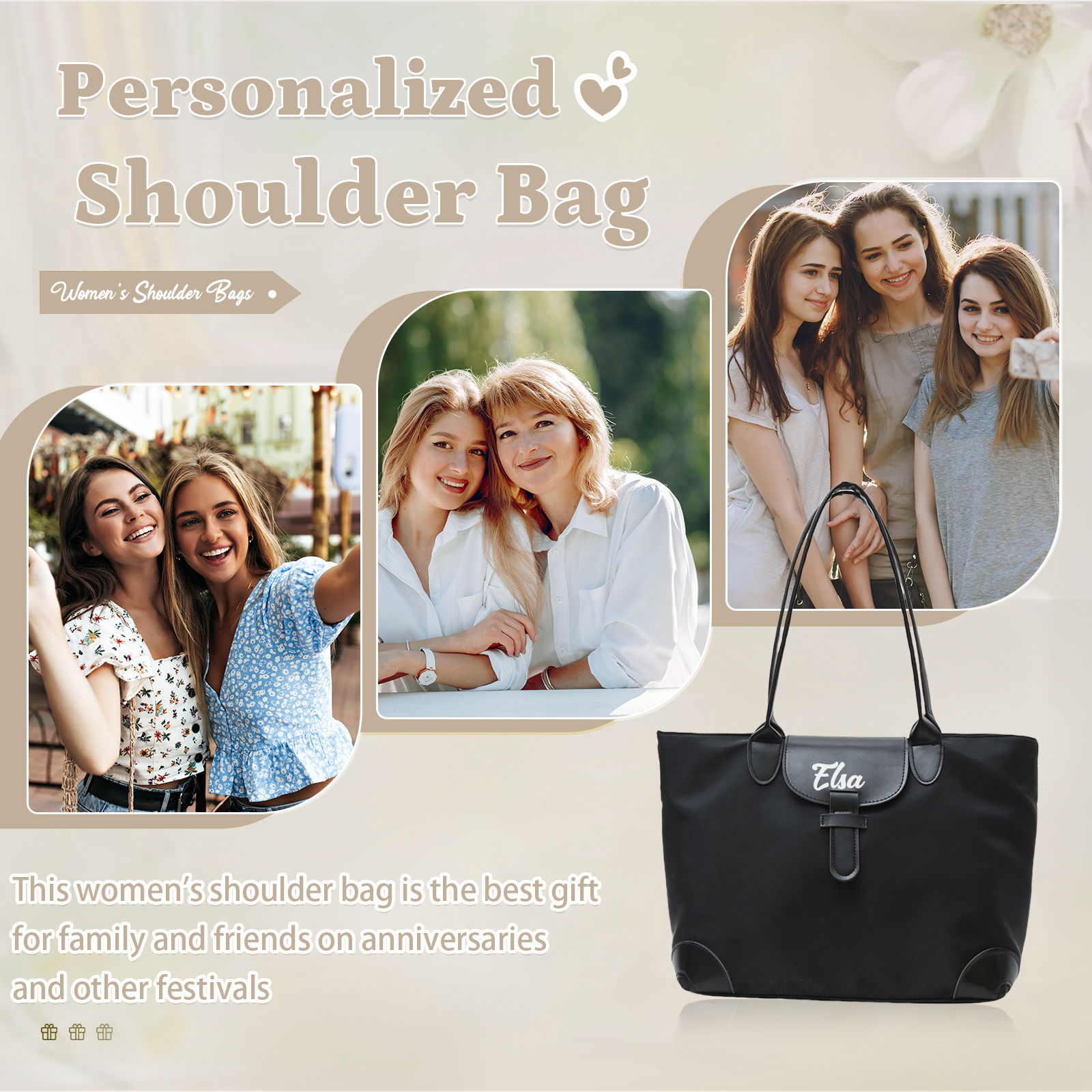 Personalised Nylon Shoulder Bag with Custom Name – Gift for Women | Jessemade
