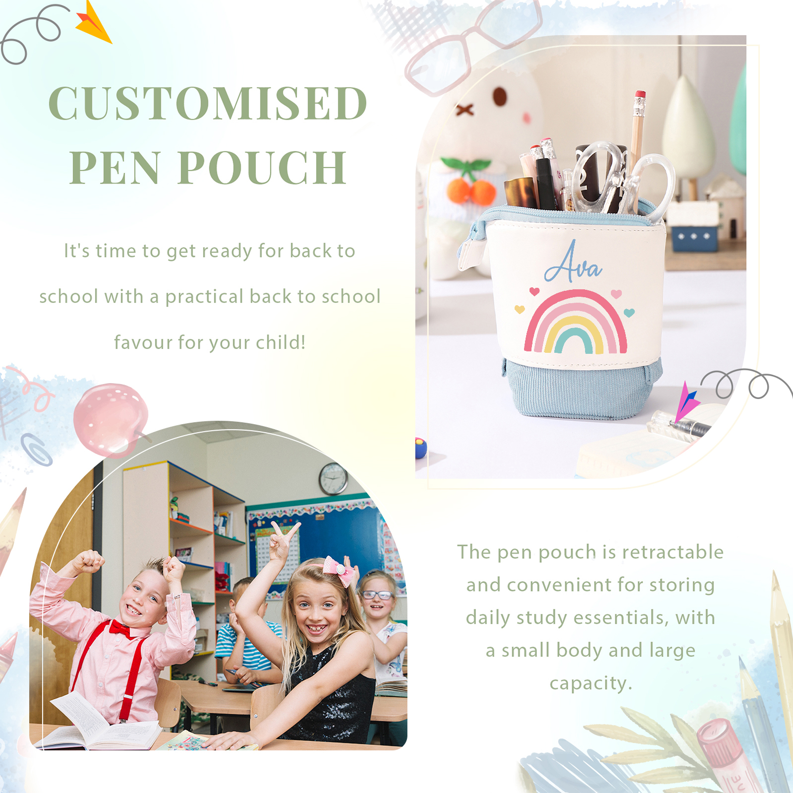 Personalised Pencil Case Custom Name Rainbow Pen Pouch Canvas PU Leather Back To School Gift for Kids-Jessemade AU
