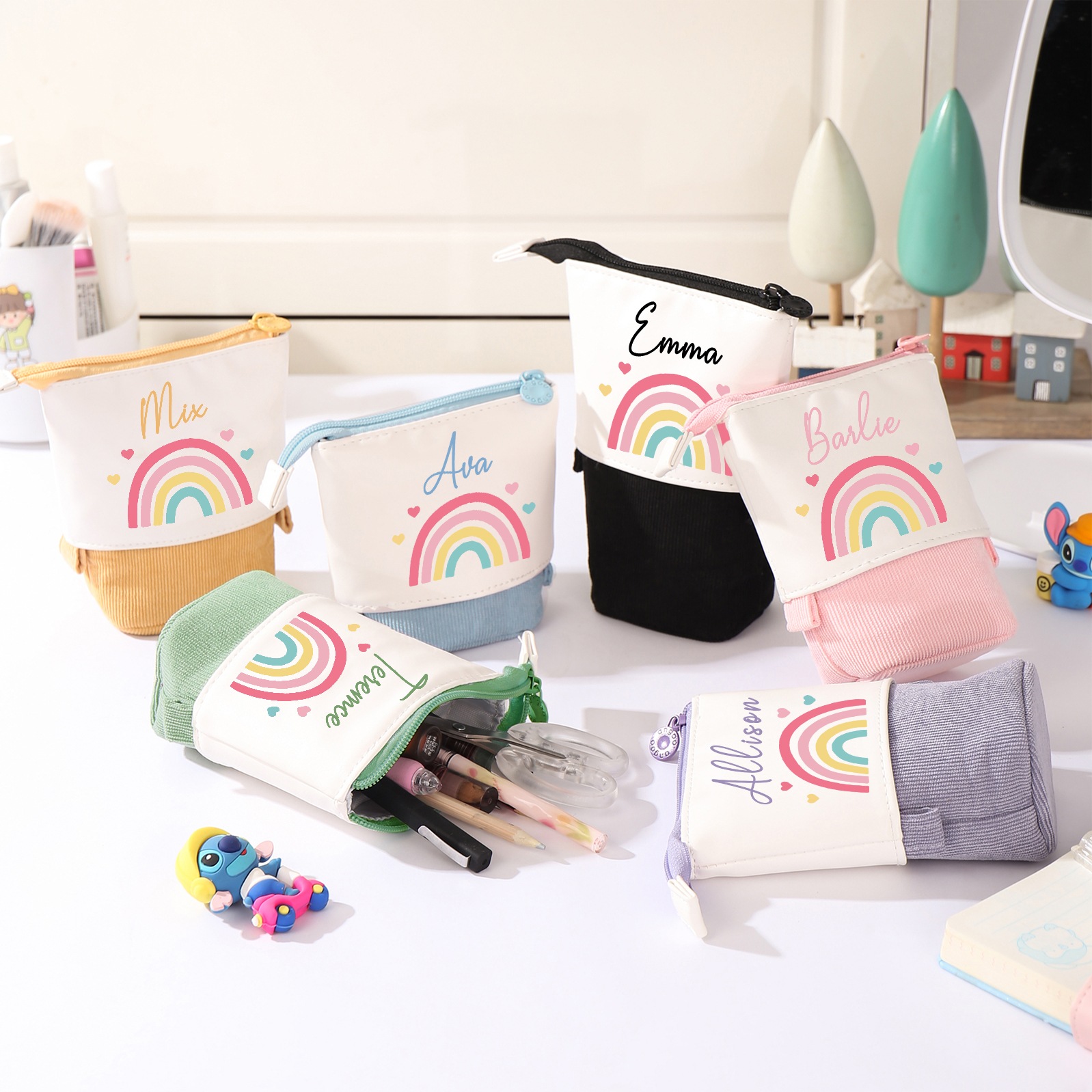 Personalised Pencil Case Custom Name Rainbow Pen Pouch Canvas PU Leather Back To School Gift for Kids-Jessemade AU