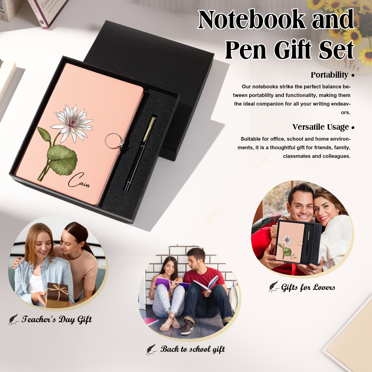 Personalised A5 Notebook Gift Set with Name and Birth Flower – Personal Stationery Present for student | Jessemade