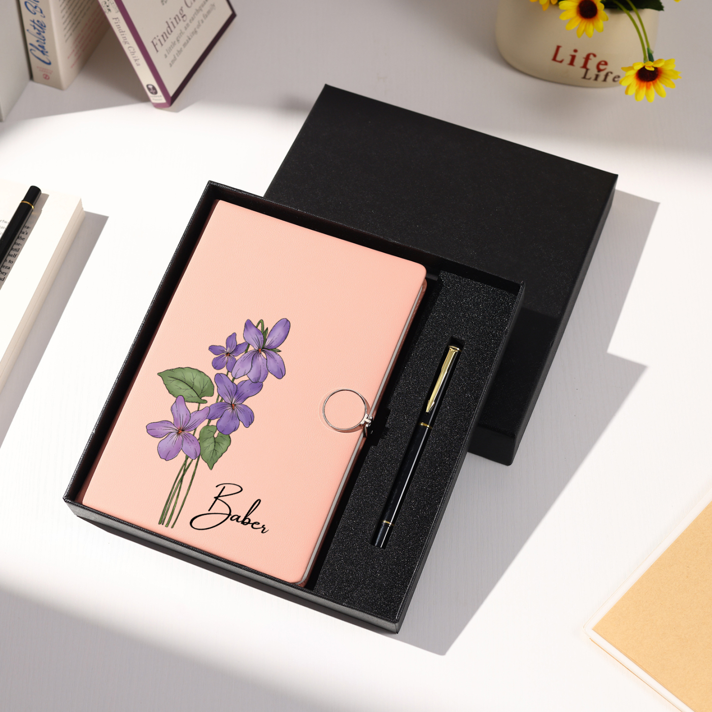 Personalised A5 Notebook Gift Set with Name and Birth Flower – Personal Stationery Present for student | Jessemade