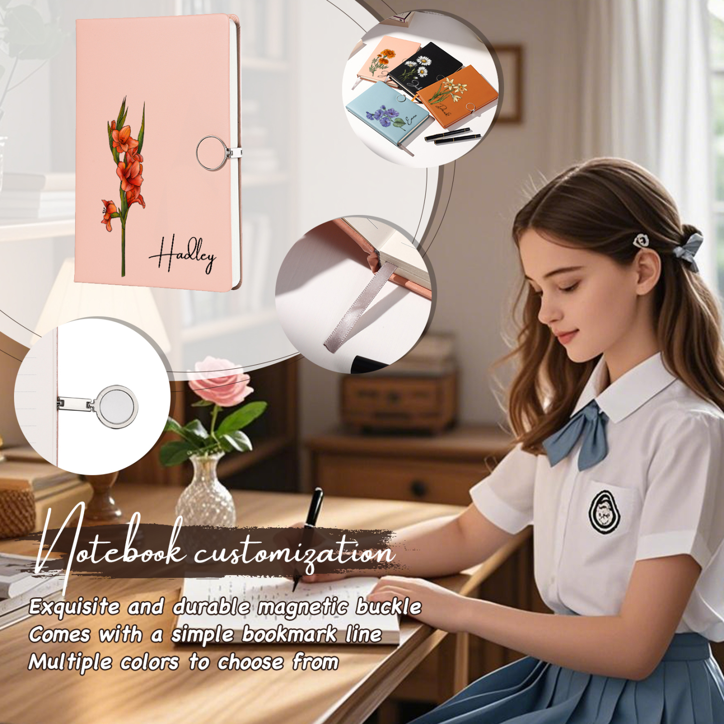 Personalised A5 Notebook Gift Set with Name and Birth Flower – Personal Stationery Present for student | Jessemade