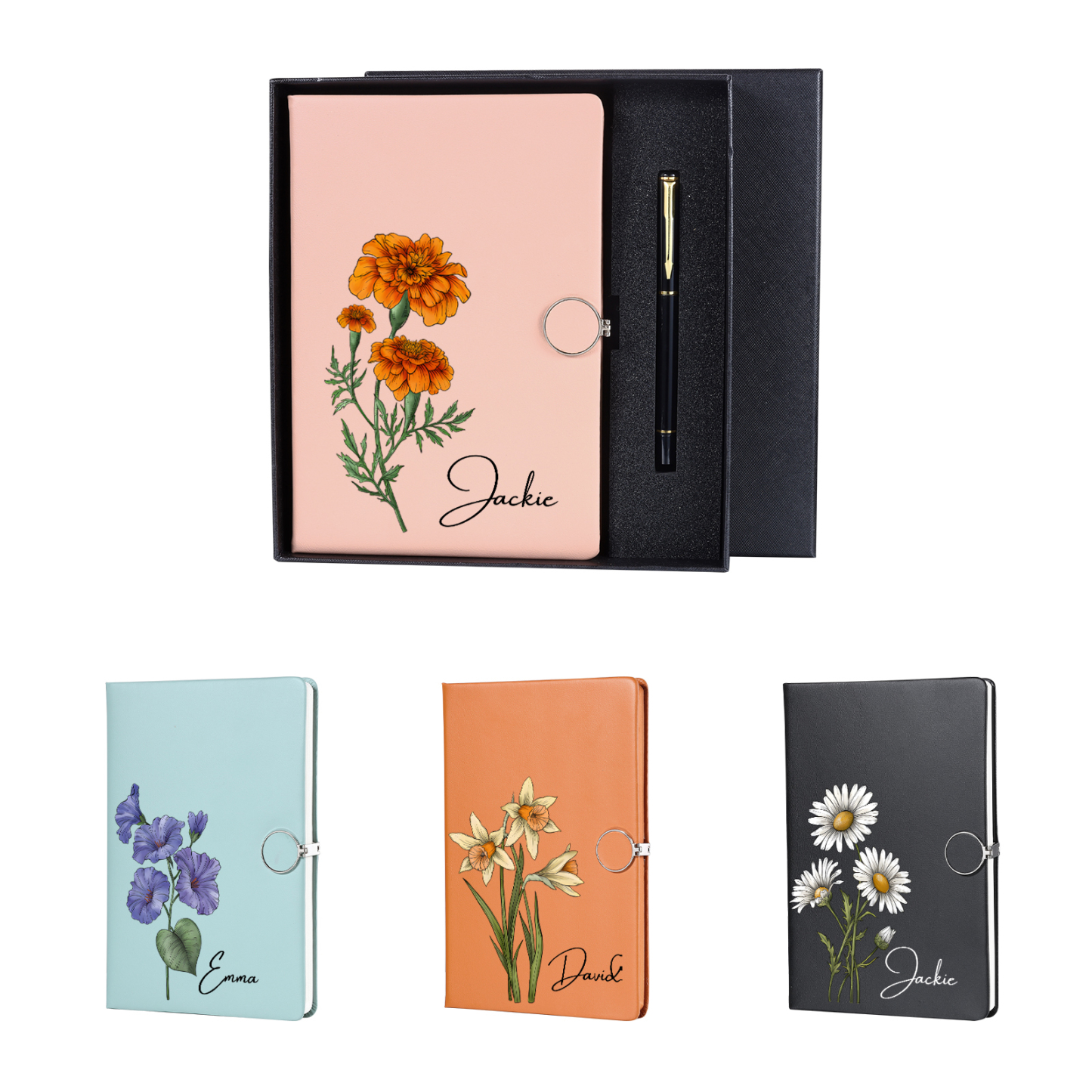 Personalised A5 Notebook Gift Set with Name and Birth Flower – Personal Stationery Present for student | Jessemade