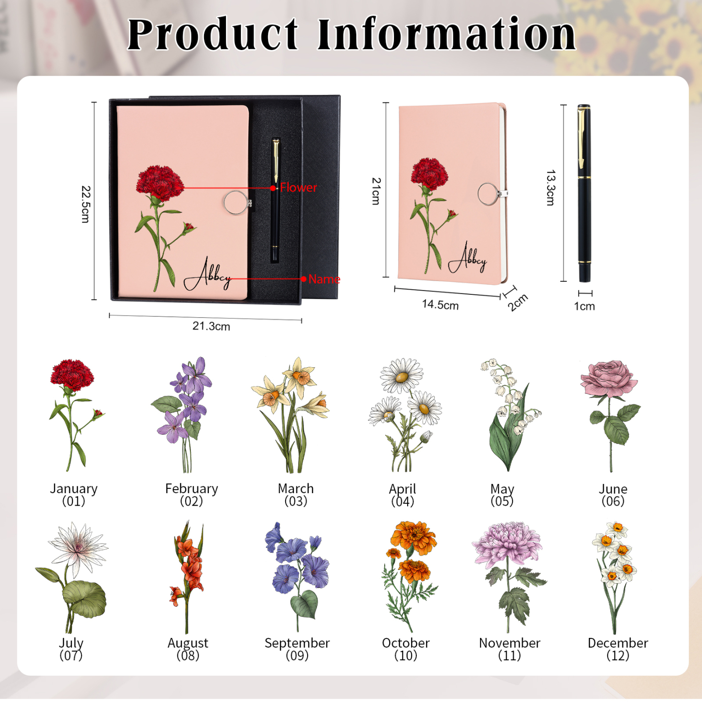 Personalised A5 Notebook Gift Set with Name and Birth Flower – Personal Stationery Present for student | Jessemade