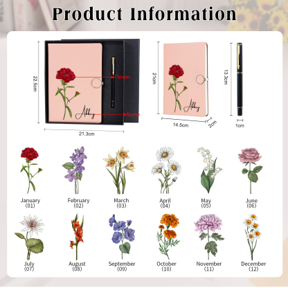 Personalised A5 Notebook Gift Set with Name and Birth Flower – Personal Stationery Present for student | Jessemade