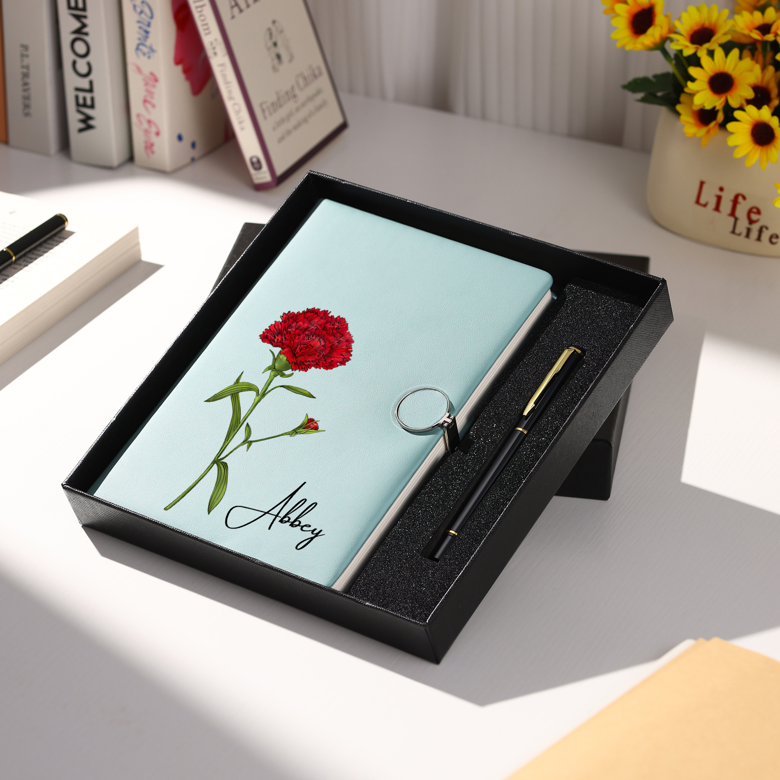 Personalised A5 Notebook Gift Set with Name and Birth Flower – Personal Stationery Present for student | Jessemade