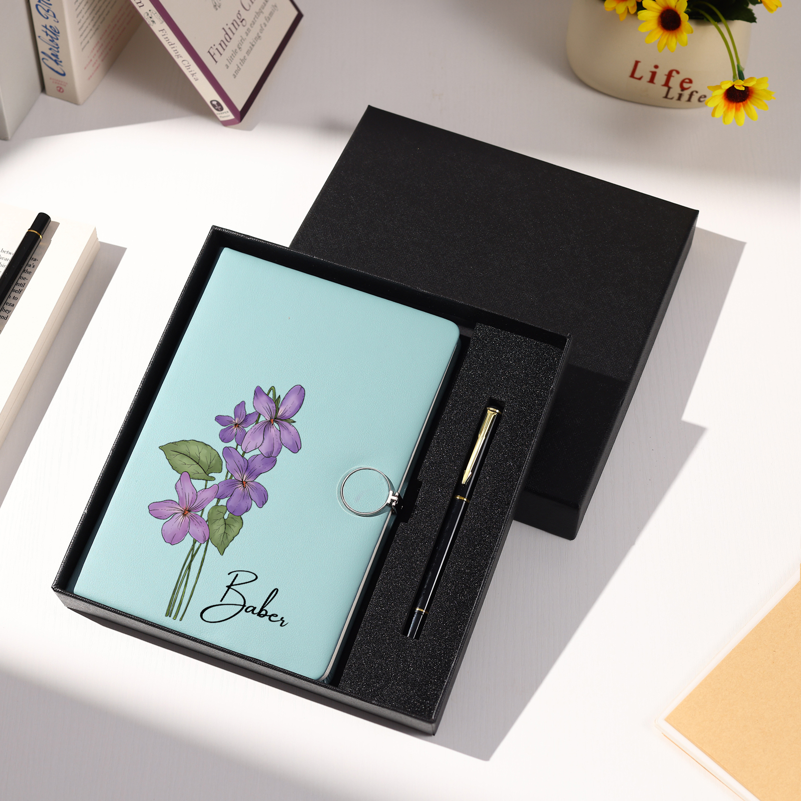 Personalised A5 Notebook Gift Set with Name and Birth Flower – Personal Stationery Present for student | Jessemade
