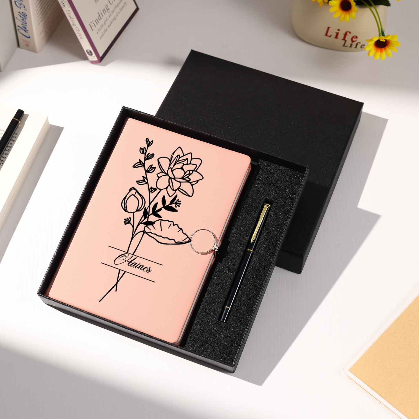 Personalised Birth Flower Notebook Gift Set with Name – Custom A5 Stationery Present for Students | Jessemade