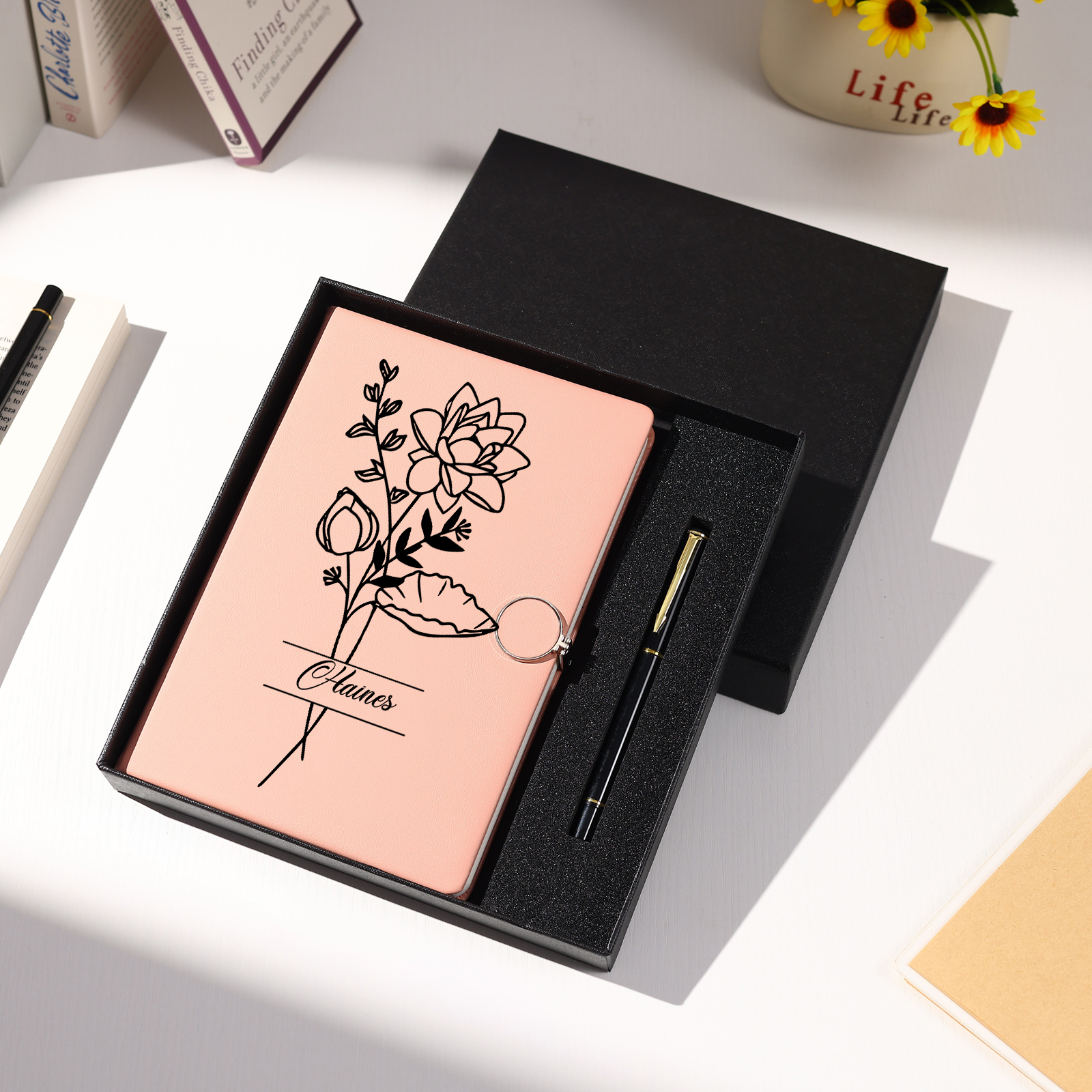 Personalised Birth Flower Notebook Gift Set with Name – Custom A5 Stationery Present for Students | Jessemade