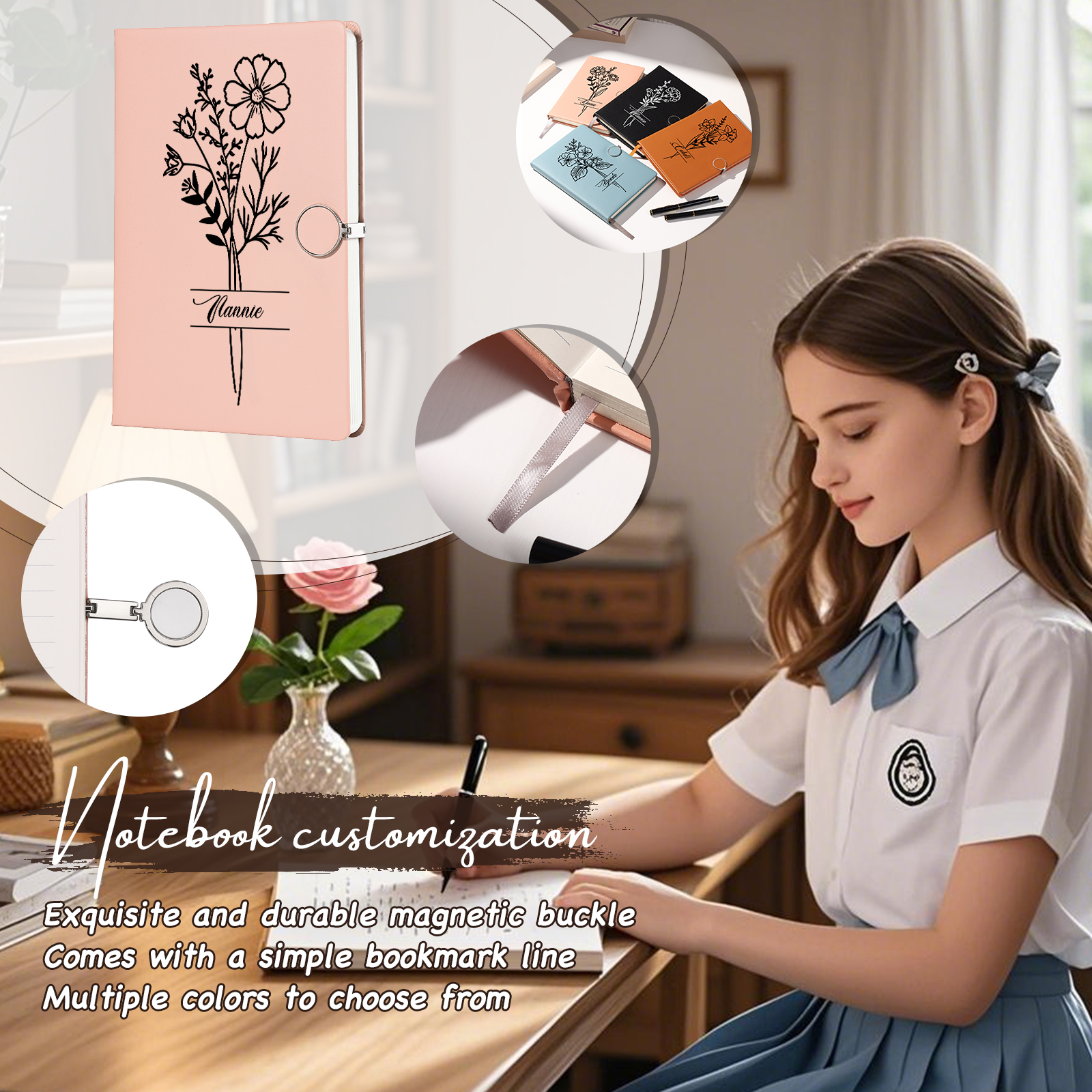 Personalised Birth Flower Notebook Gift Set with Name – Custom A5 Stationery Present for Students | Jessemade