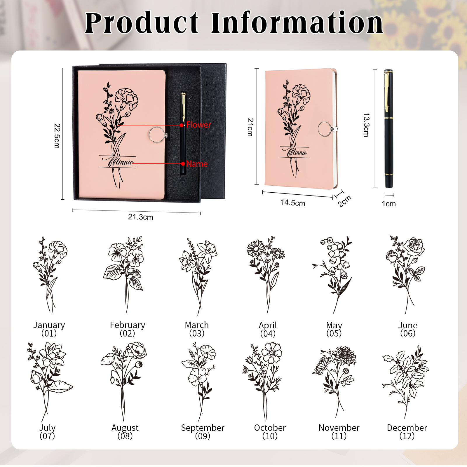 Personalised Birth Flower Notebook Gift Set with Name – Custom A5 Stationery Present for Students | Jessemade