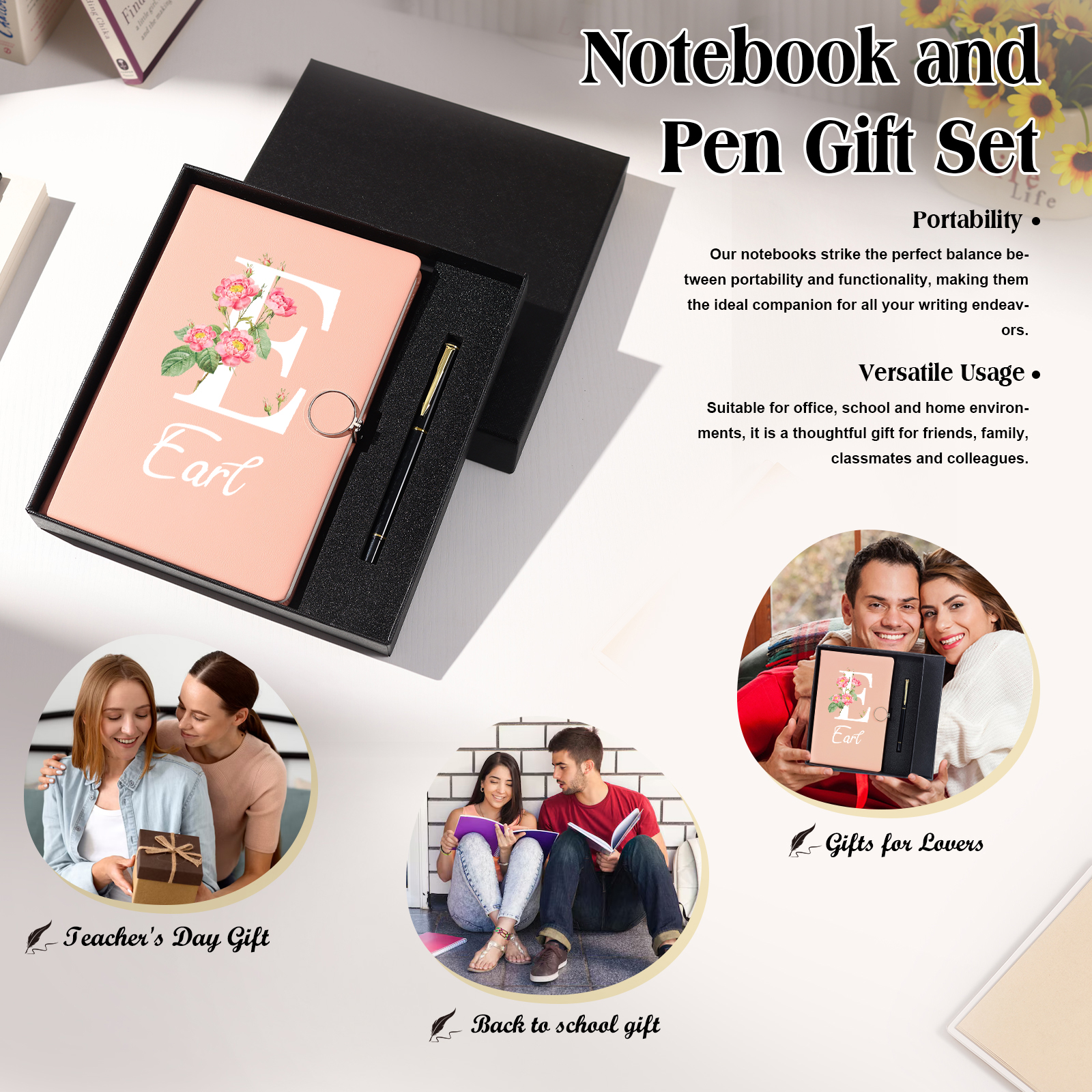 Personalised Floral Initial A5 Notebook Gift Set with Name – Custom Stationery Present for Every Occasion | Jessemade