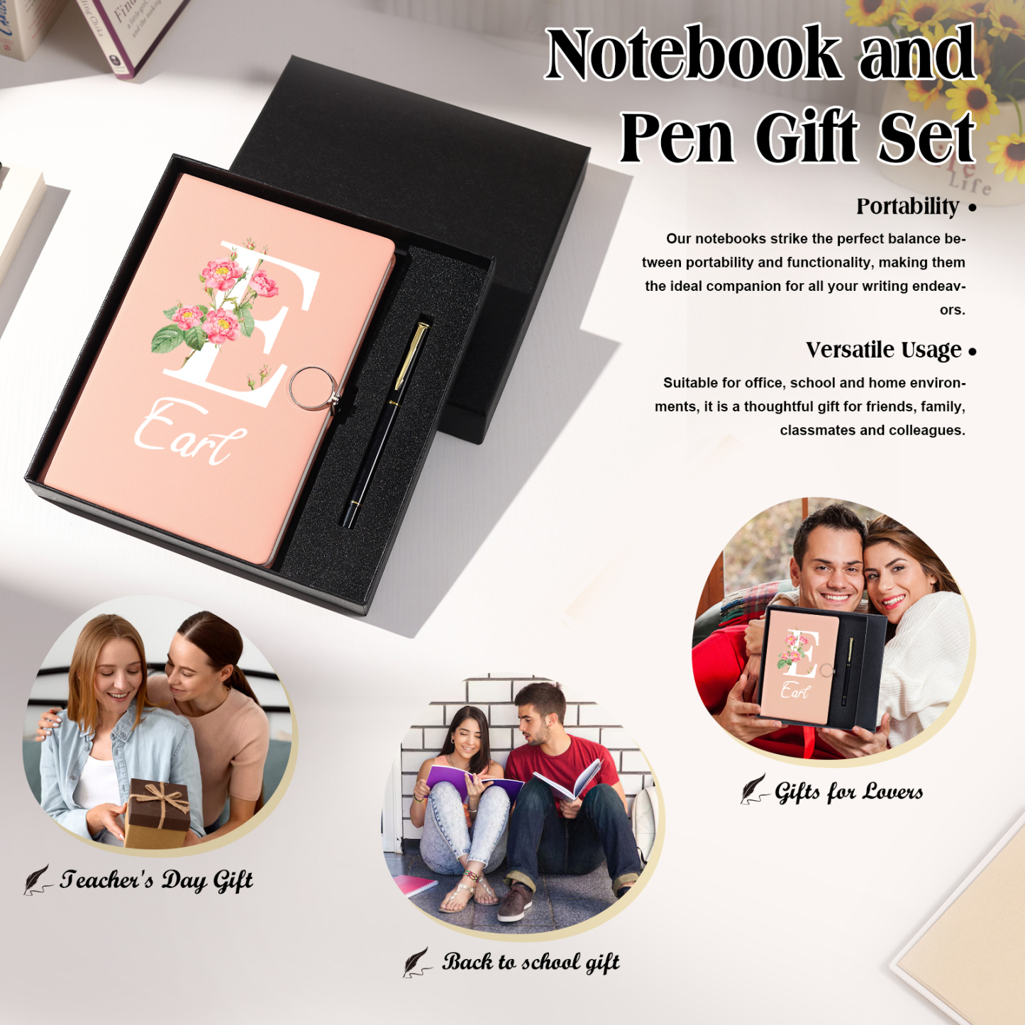 Personalised Floral Initial A5 Notebook Gift Set with Name – Custom Stationery Present for Every Occasion | Jessemade